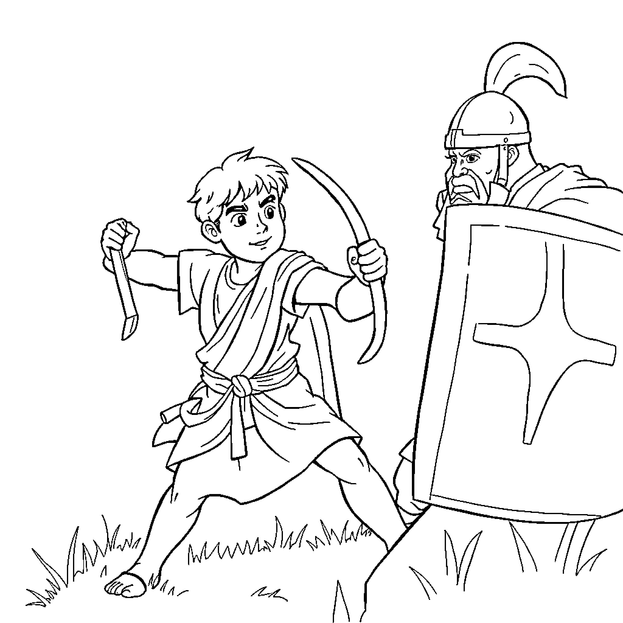 David fighting against a soldier with shield Coloring Page (free black-and-white line drawing printable PDF for all, from beginners to advanced learners, including children, teens, adults, and seniors)