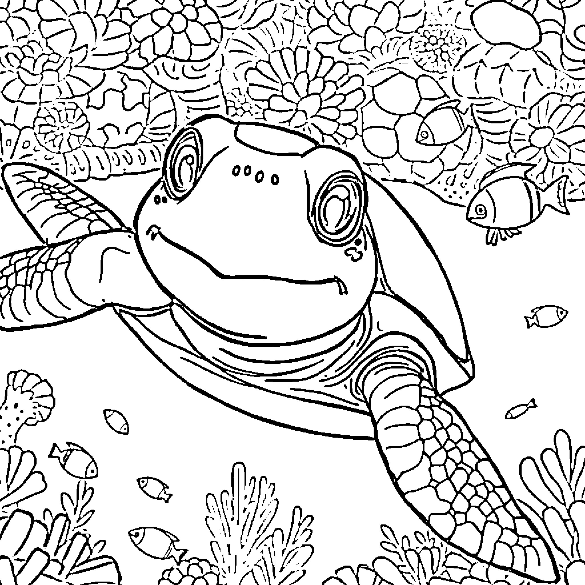 Turtle swimming among colorful marine life Coloring Page (free black-and-white line drawing printable PDF for all, from beginners to advanced learners, including children, teens, adults, and seniors)