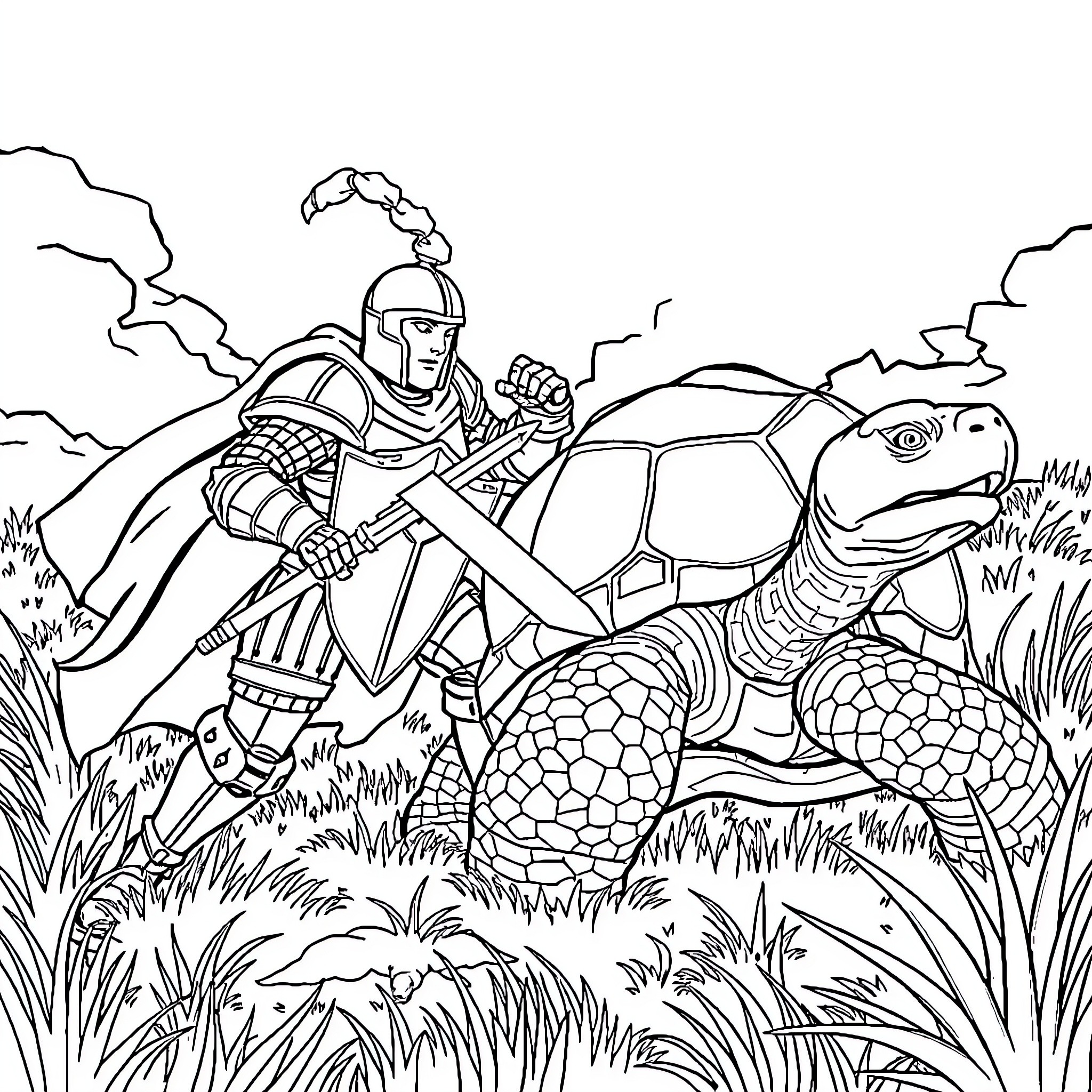 Knight Riding on Mighty Turtle through Enchanted Landscape Coloring Page (free black-and-white line drawing printable PDF for all, from beginners to advanced learners, including children, teens, adults, and seniors)