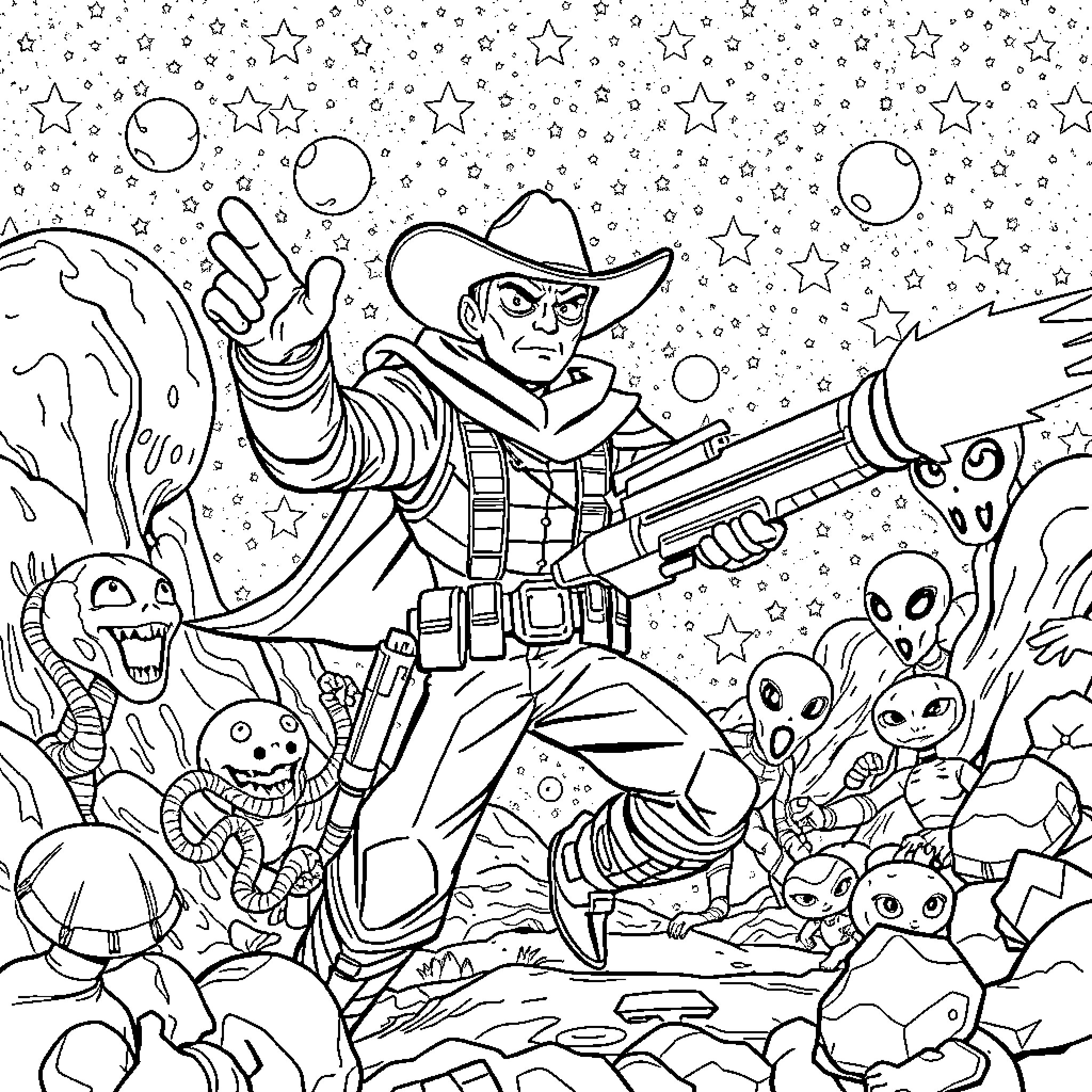 Space Cowboy Battling Cosmic Creatures Coloring Page (free black-and-white line drawing printable PDF for all, from beginners to advanced learners, including children, teens, adults, and seniors)