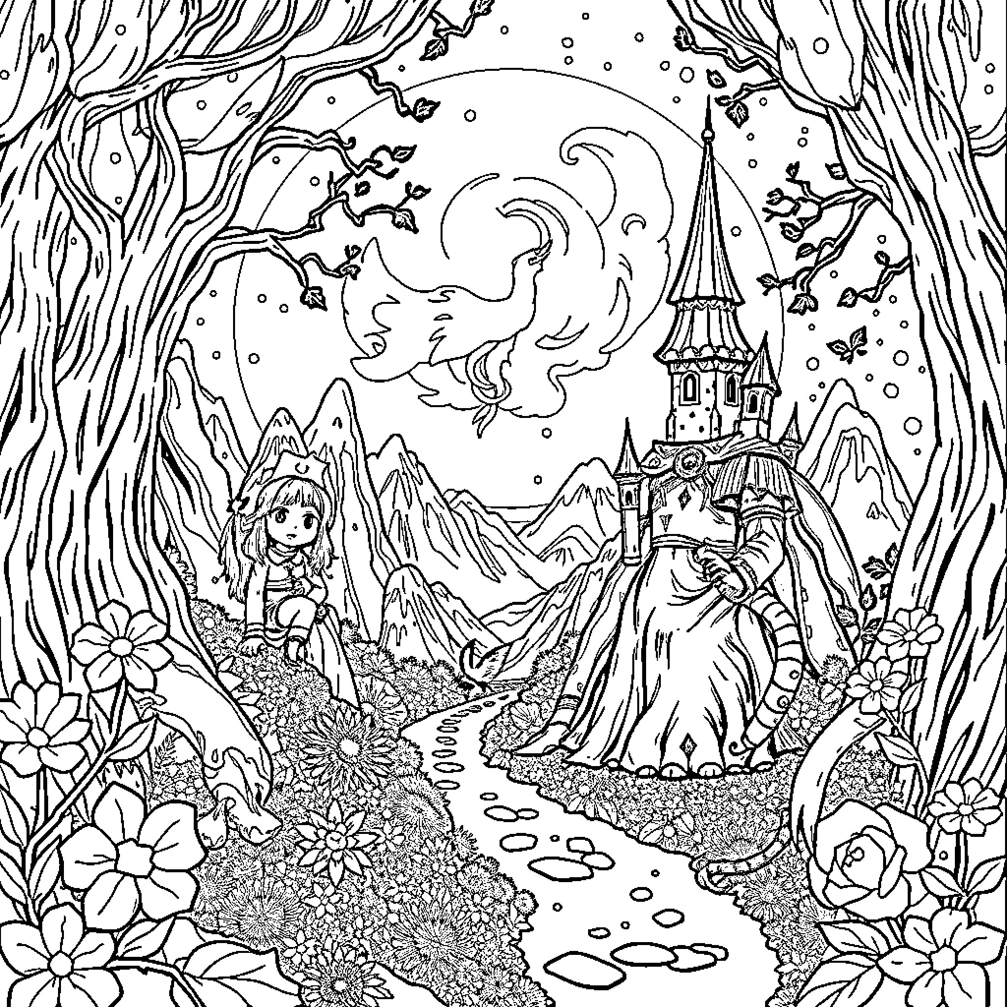 Magicaon's Enchanted Realm: Fantastical Figures and Whimsical Scenes Coloring Page (free black-and-white line drawing printable PDF for all, from beginners to advanced learners, including children, teens, adults, and seniors)