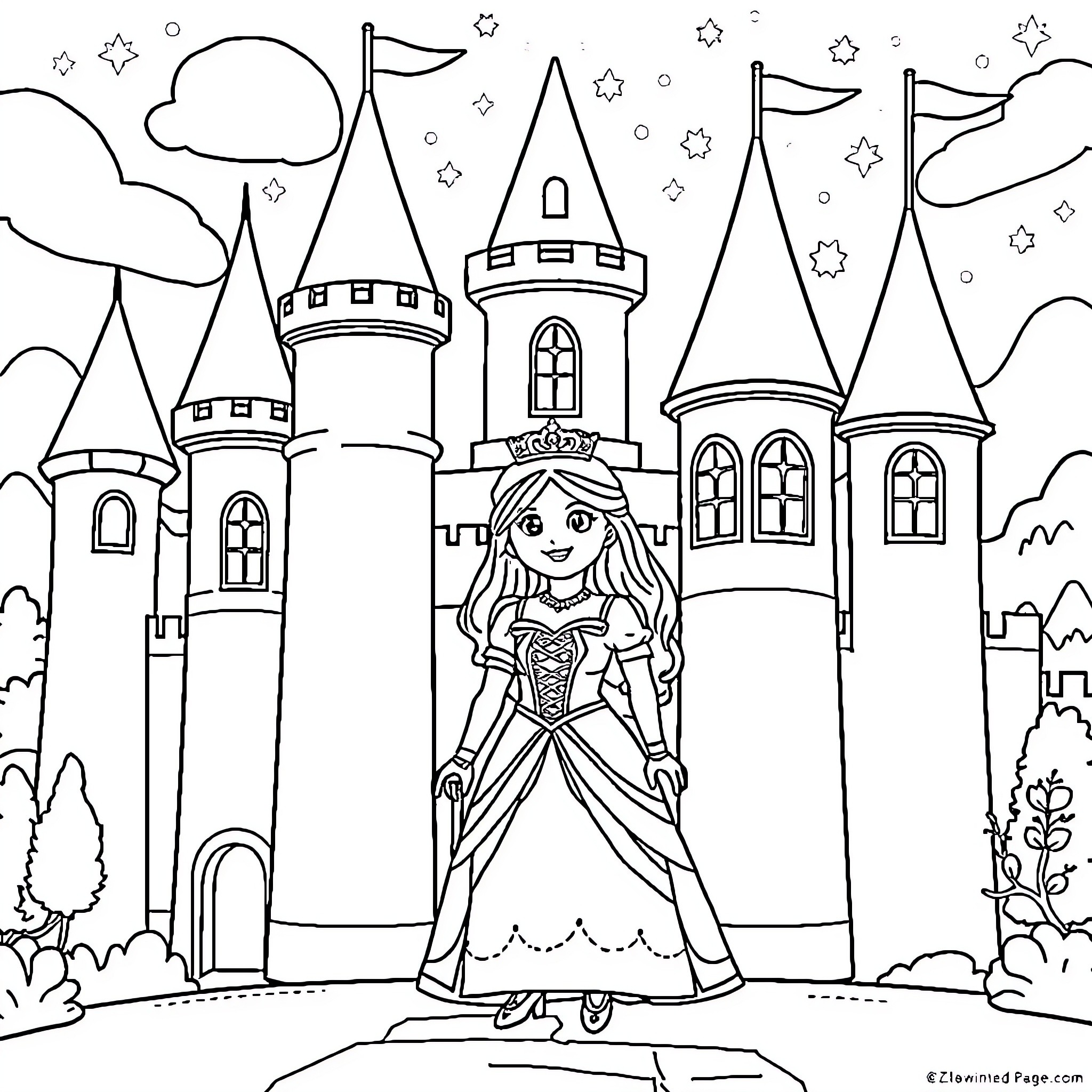 Princess Exploring Enchanted Castle in Dreamland Coloring Page (free black-and-white line drawing printable PDF for all, from beginners to advanced learners, including children, teens, adults, and seniors)