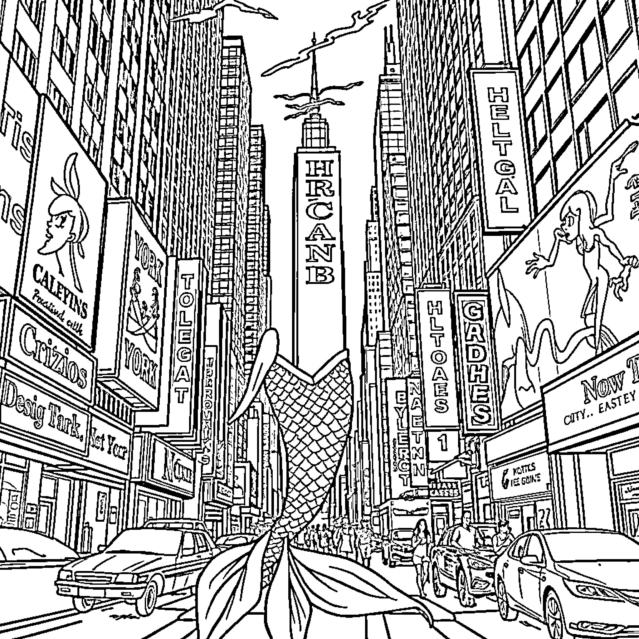 Ariel's City Adventure in Black and White Coloring Page (free black-and-white line drawing printable PDF for all, from beginners to advanced learners, including children, teens, adults, and seniors)