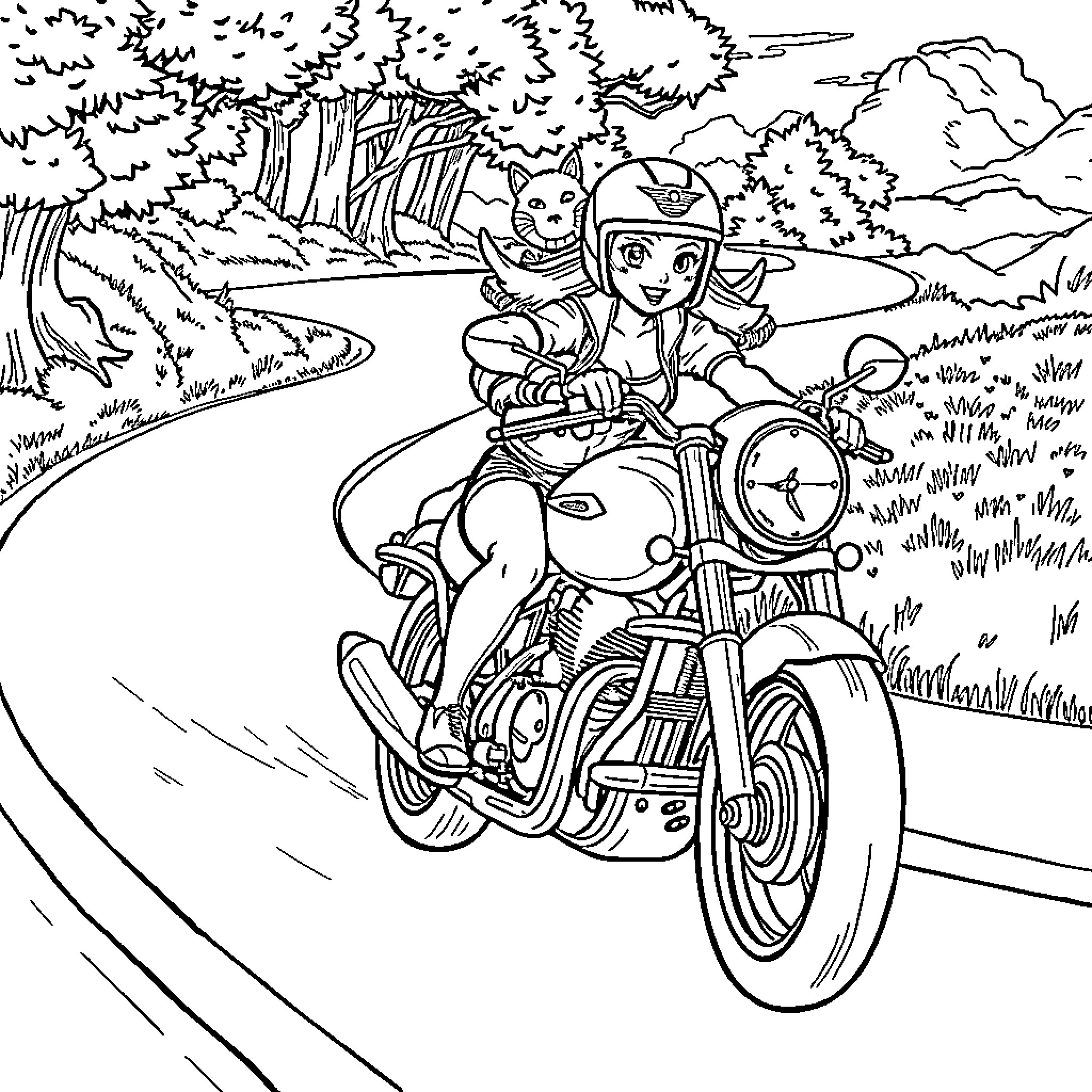 Snow White on an Adventure Riding a Motorcycle Coloring Page (free black-and-white line drawing printable PDF for all, from beginners to advanced learners, including children, teens, adults, and seniors)