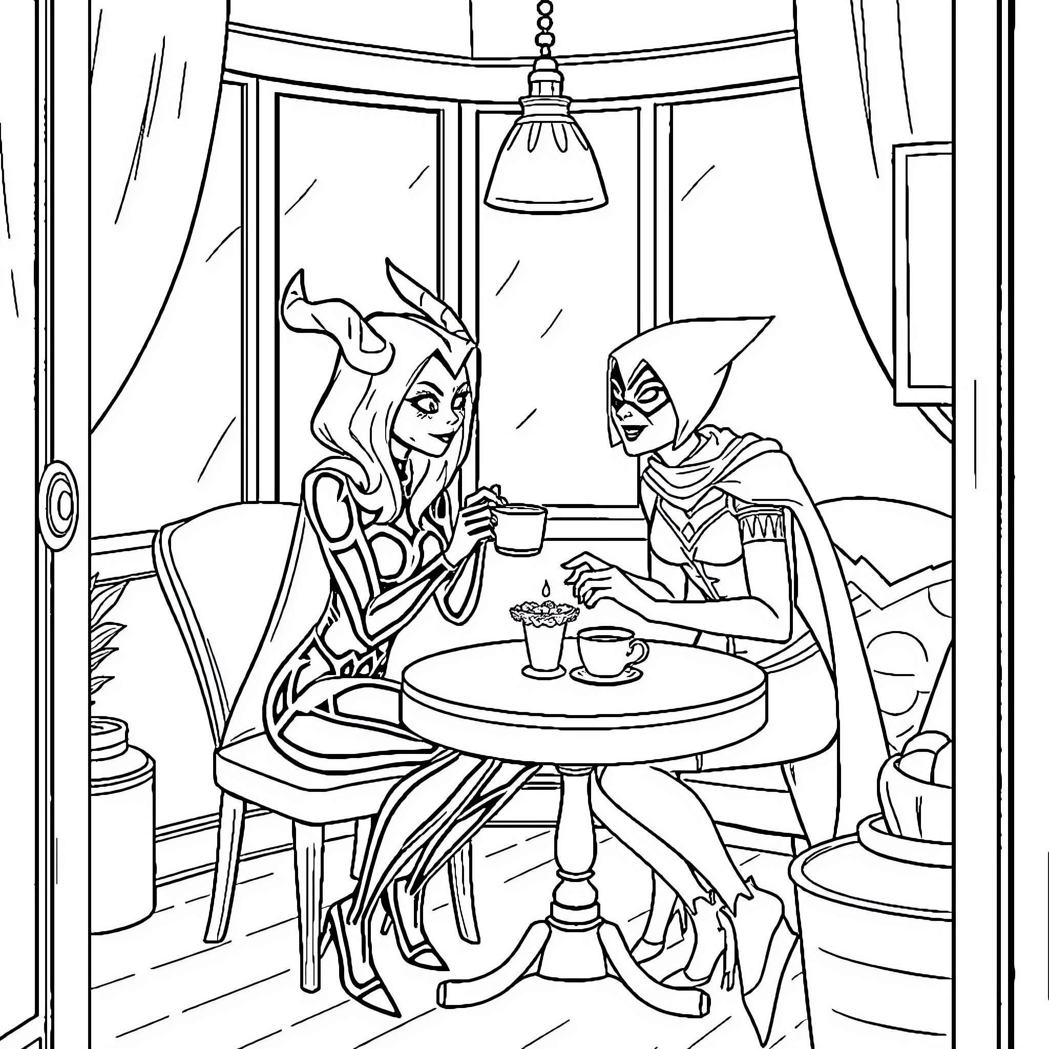 Genagr: Two friends enjoying a cozy chat Coloring Page (free black-and-white line drawing printable PDF for all, from beginners to advanced learners, including children, teens, adults, and seniors)