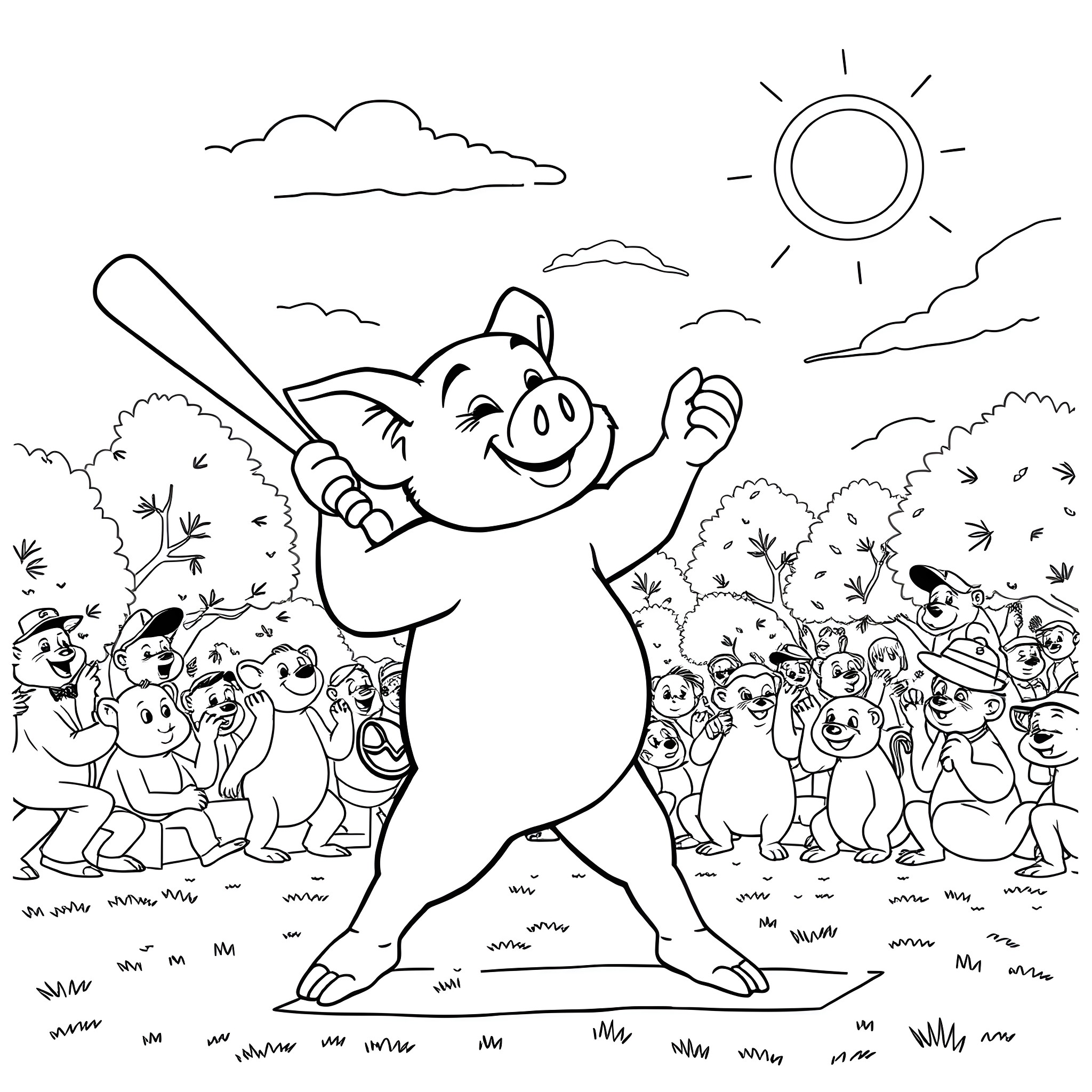 Pig Monkey playing baseball with animal friends Coloring Page (free black-and-white line drawing printable PDF for all, from beginners to advanced learners, including children, teens, adults, and seniors)
