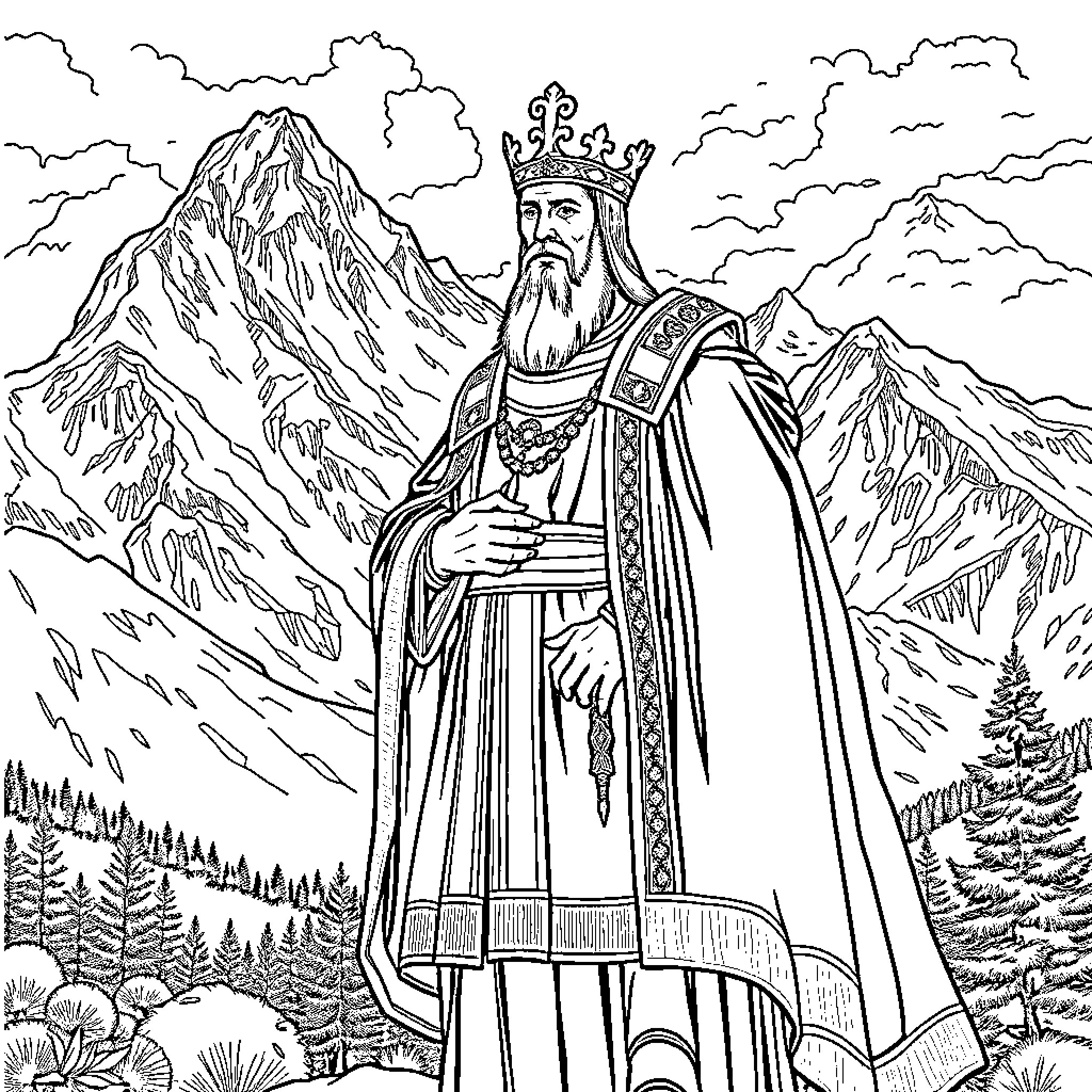 Njegos II in Majestic Mountain Landscape Coloring Page (free black-and-white line drawing printable PDF for all, from beginners to advanced learners, including children, teens, adults, and seniors)