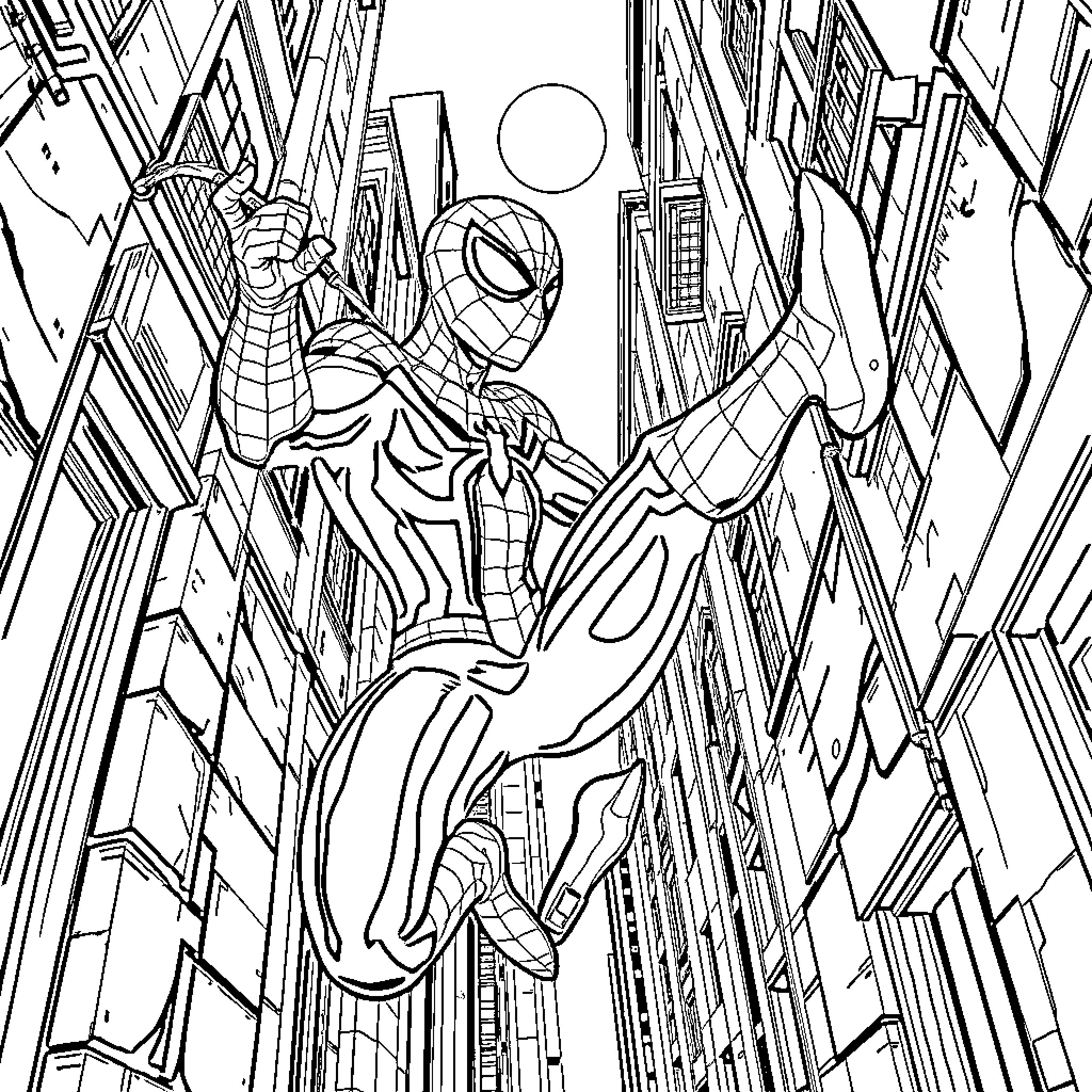 Spiderman swinging through the cityscape Coloring Page (free black-and-white line drawing printable PDF for all, from beginners to advanced learners, including children, teens, adults, and seniors)