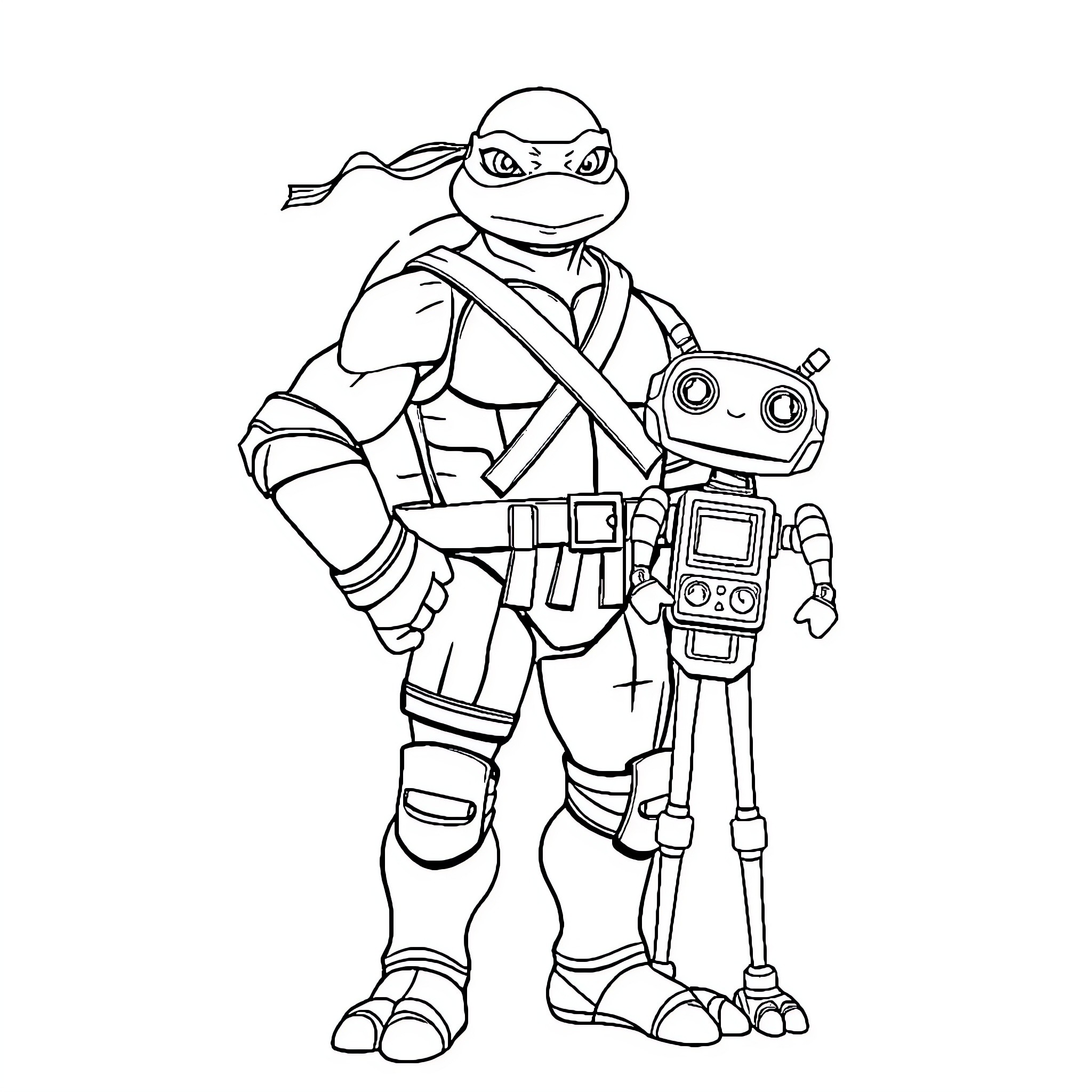 Michaelangelo's Robotic Adventure Coloring Page (free black-and-white line drawing printable PDF for all, from beginners to advanced learners, including children, teens, adults, and seniors)