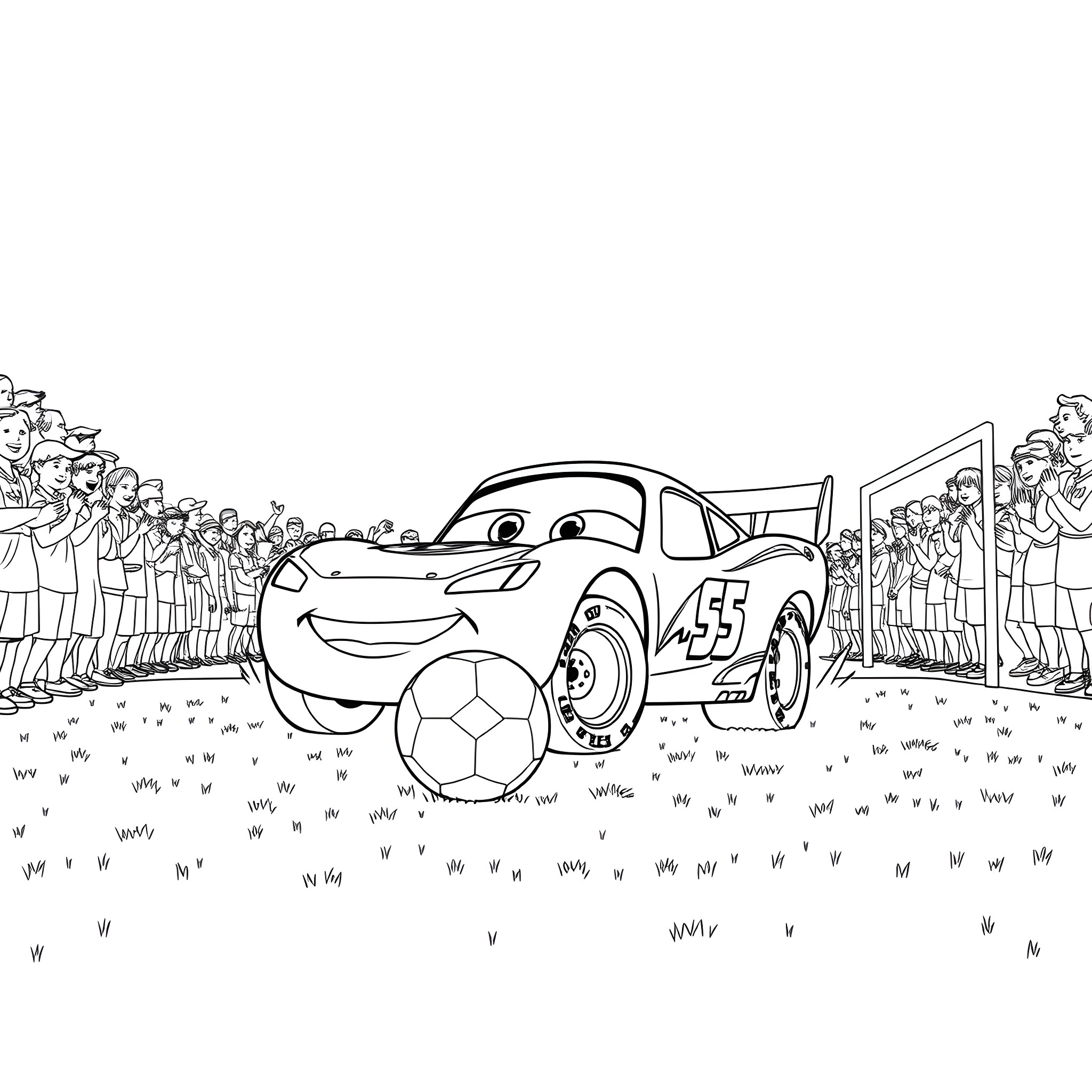 Lightning McQueen playing soccer with fans cheering Coloring Page (free black-and-white line drawing printable PDF for all, from beginners to advanced learners, including children, teens, adults, and seniors)