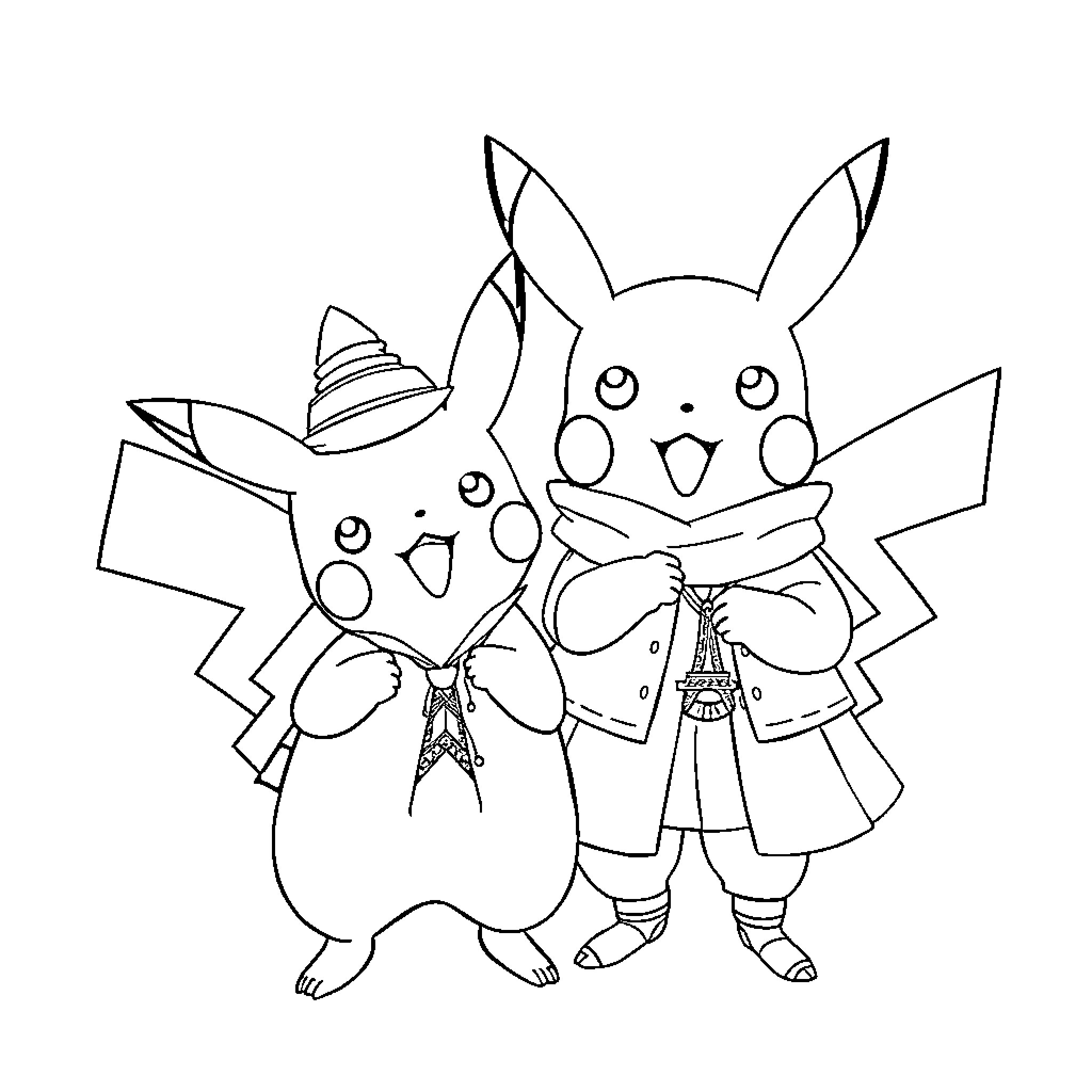 Pikachu and friends in fancy outfits Coloring Page (free black-and-white line drawing printable PDF for all, from beginners to advanced learners, including children, teens, adults, and seniors)