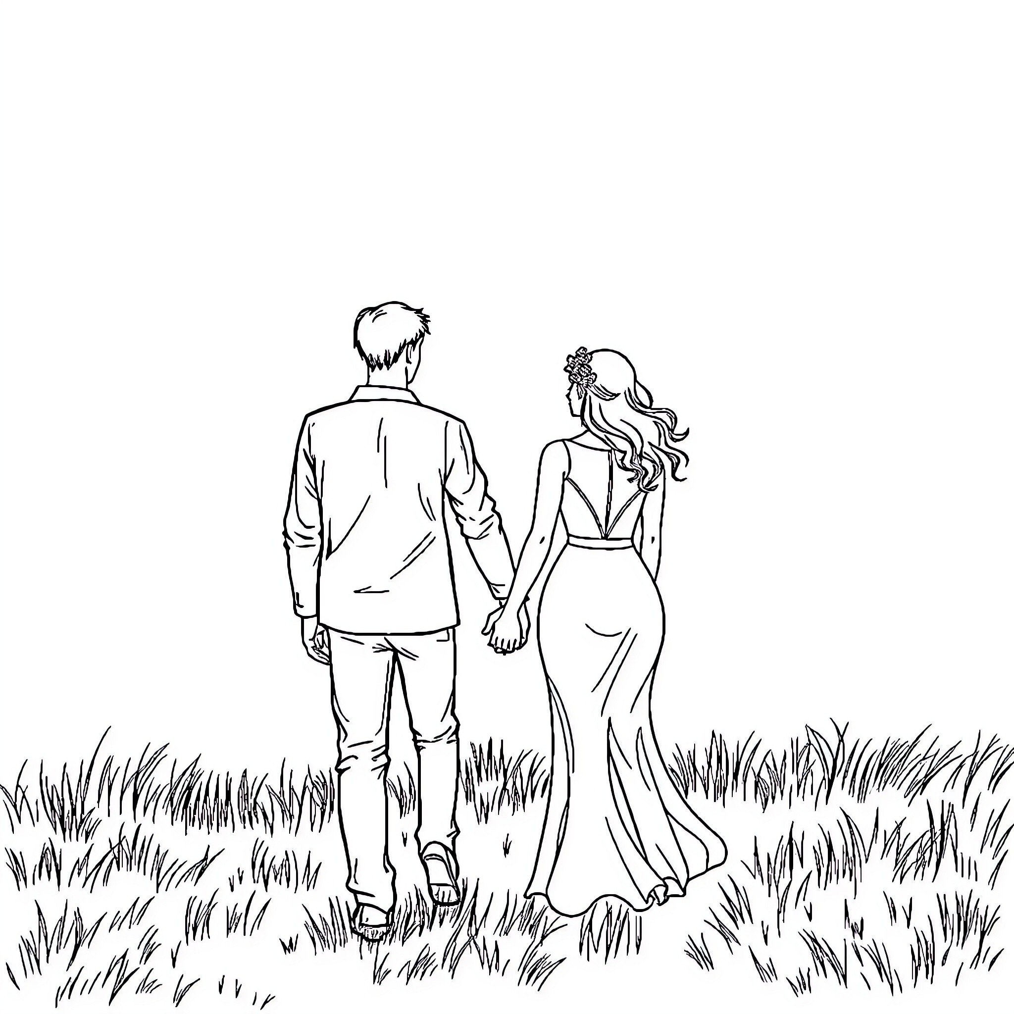 Couple walking together in a field Coloring Page (free black-and-white line drawing printable PDF for all, from beginners to advanced learners, including children, teens, adults, and seniors)