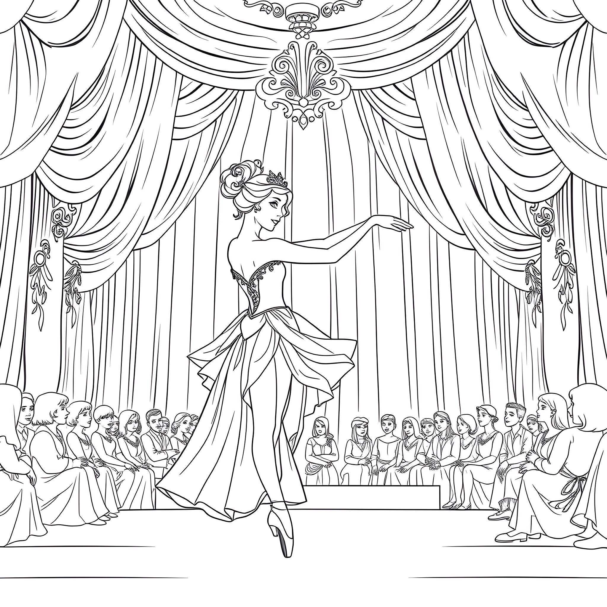 Princess Performing On Stage in Theater Coloring Page (free black-and-white line drawing printable PDF for all, from beginners to advanced learners, including children, teens, adults, and seniors)