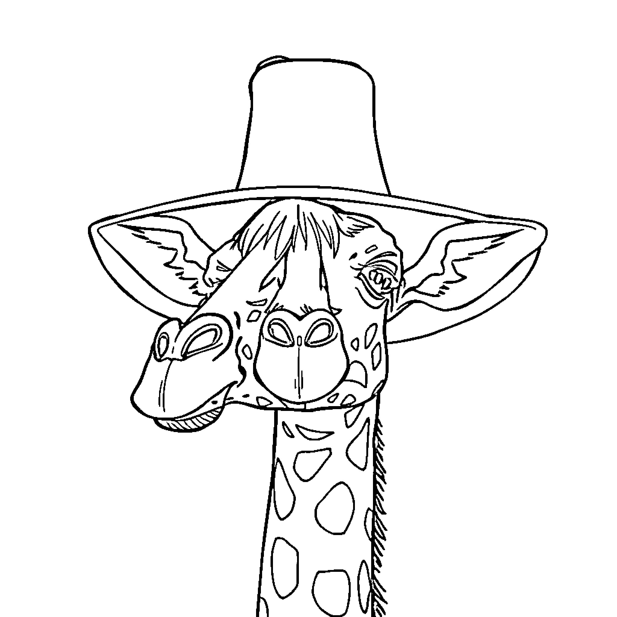 Giraffe wearing a silly hat Coloring Page (free black-and-white line drawing printable PDF for all, from beginners to advanced learners, including children, teens, adults, and seniors)