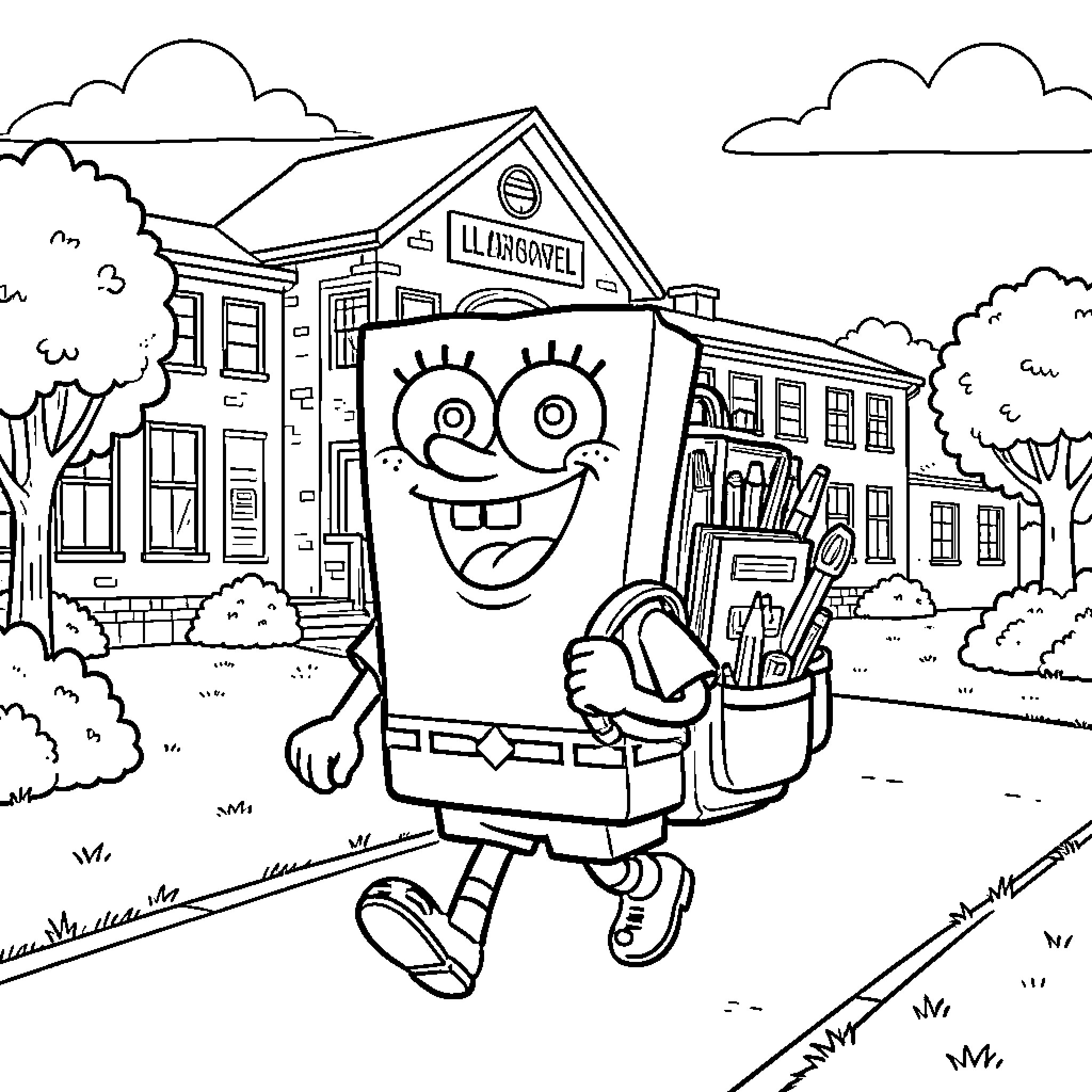 Bob Squarepants walking happily to school with a backpack Coloring Page (free black-and-white line drawing printable PDF for all, from beginners to advanced learners, including children, teens, adults, and seniors)