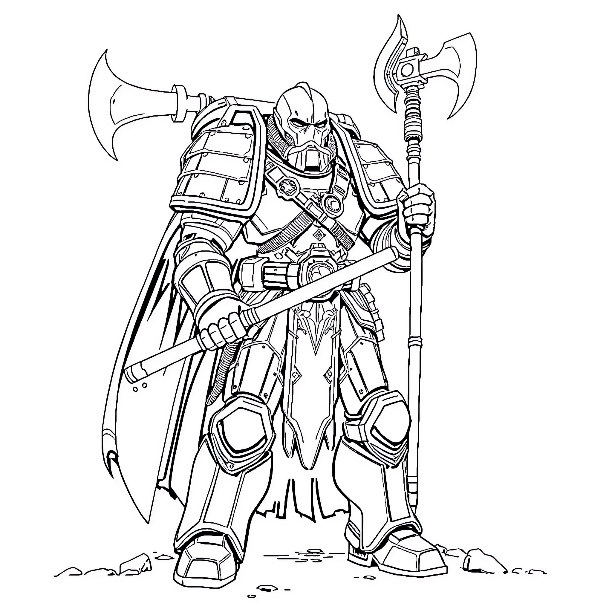 Adeptus Mechanicus warrior wielding advanced tools and weaponry Coloring Page (free black-and-white line drawing printable PDF for all, from beginners to advanced learners, including children, teens, adults, and seniors)