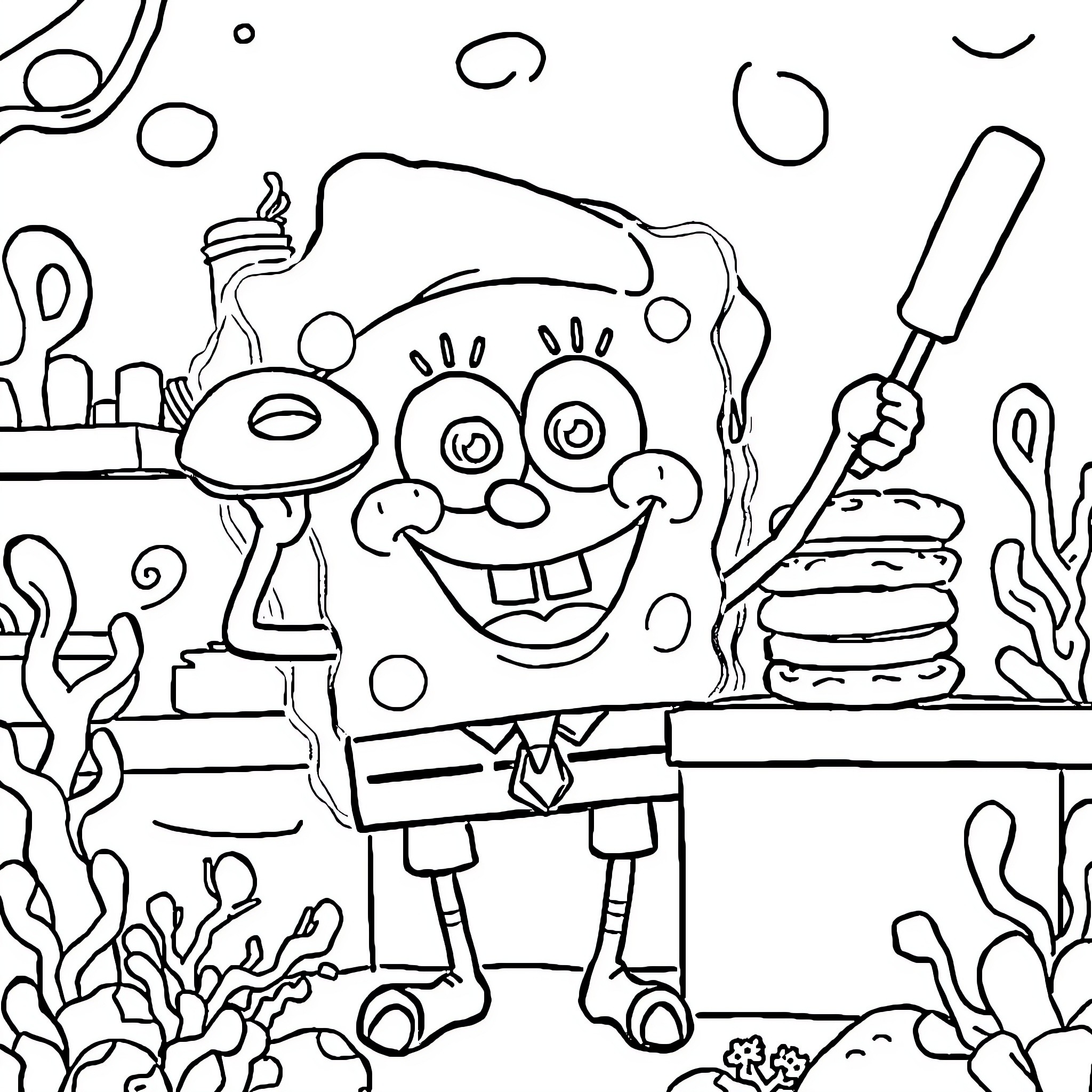 Spongebob cooking up a tasty meal Coloring Page (free black-and-white line drawing printable PDF for all, from beginners to advanced learners, including children, teens, adults, and seniors)