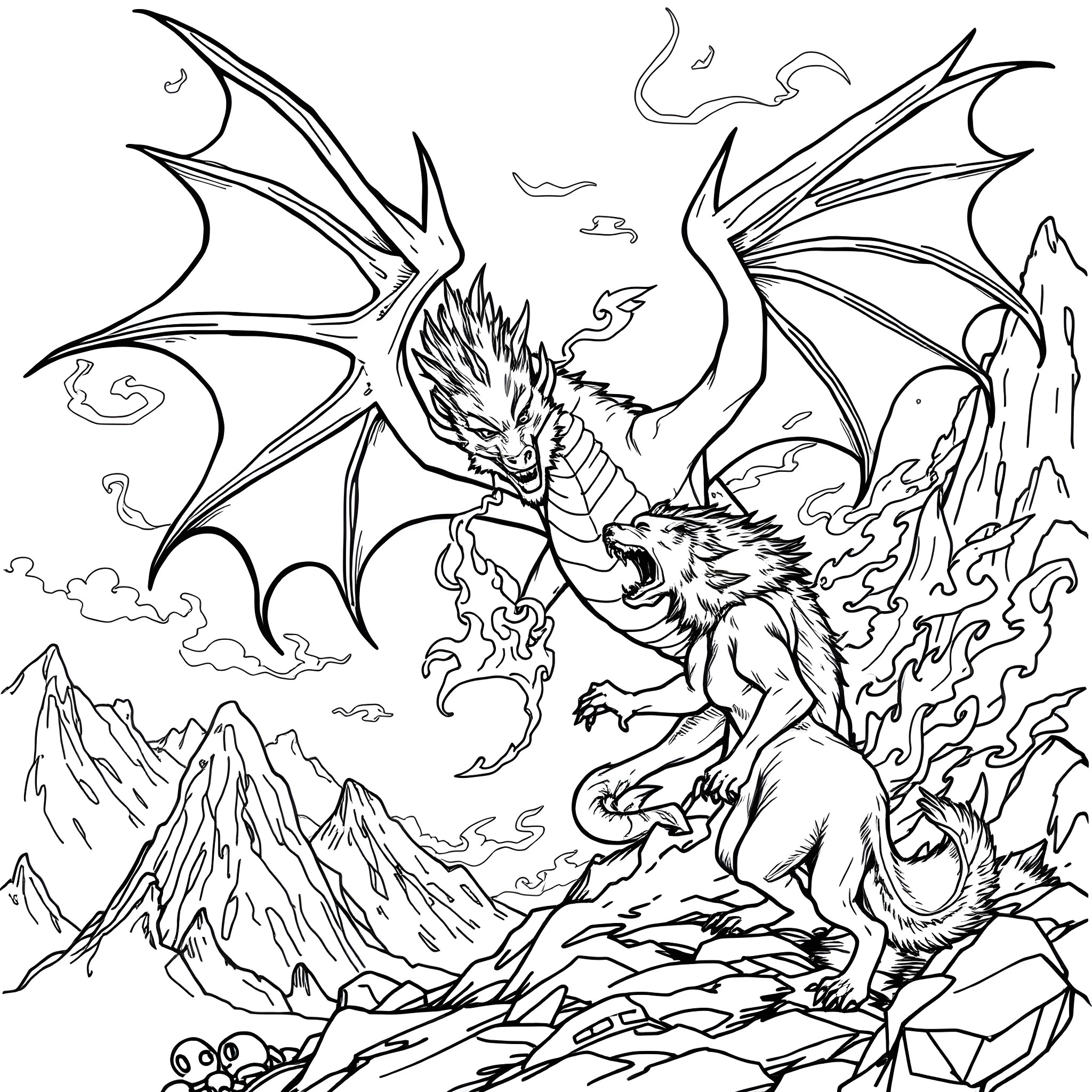 Dragon warriors engaged in fierce battle on rocky terrain Coloring Page (free black-and-white line drawing printable PDF for all, from beginners to advanced learners, including children, teens, adults, and seniors)