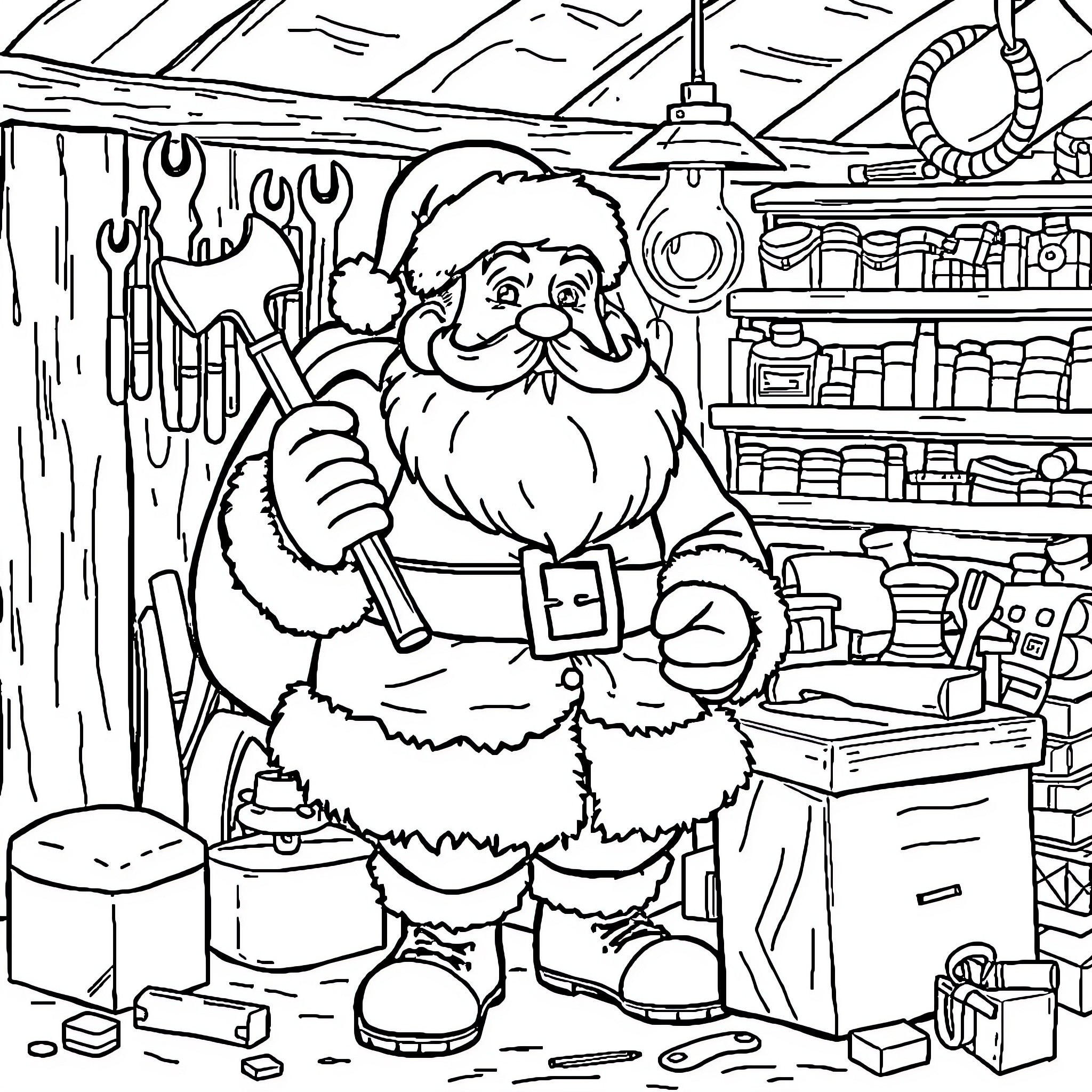 Santa working in his cozy workshop Coloring Page (free black-and-white line drawing printable PDF for all, from beginners to advanced learners, including children, teens, adults, and seniors)