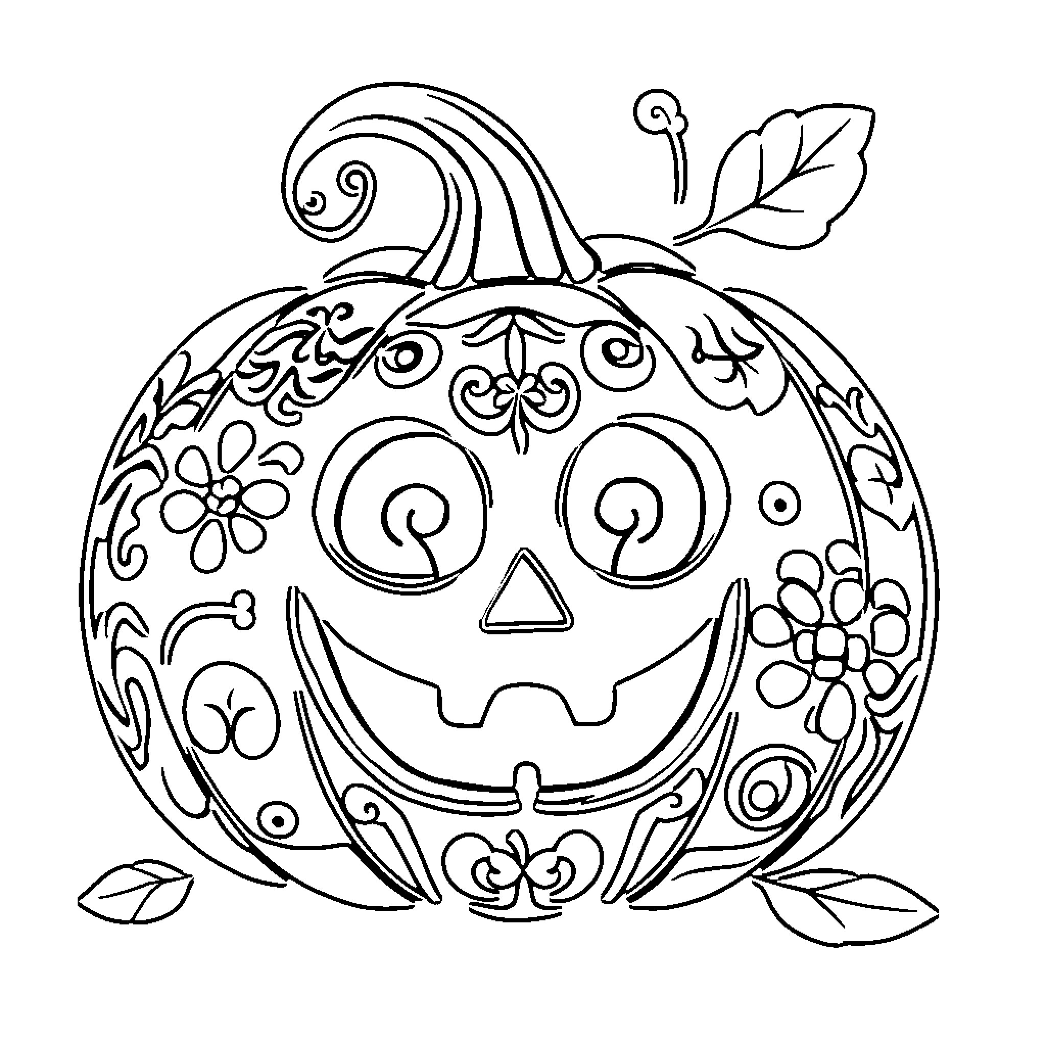 Pumpkin with intricate floral patterns and expressions Coloring Page (free black-and-white line drawing printable PDF for all, from beginners to advanced learners, including children, teens, adults, and seniors)