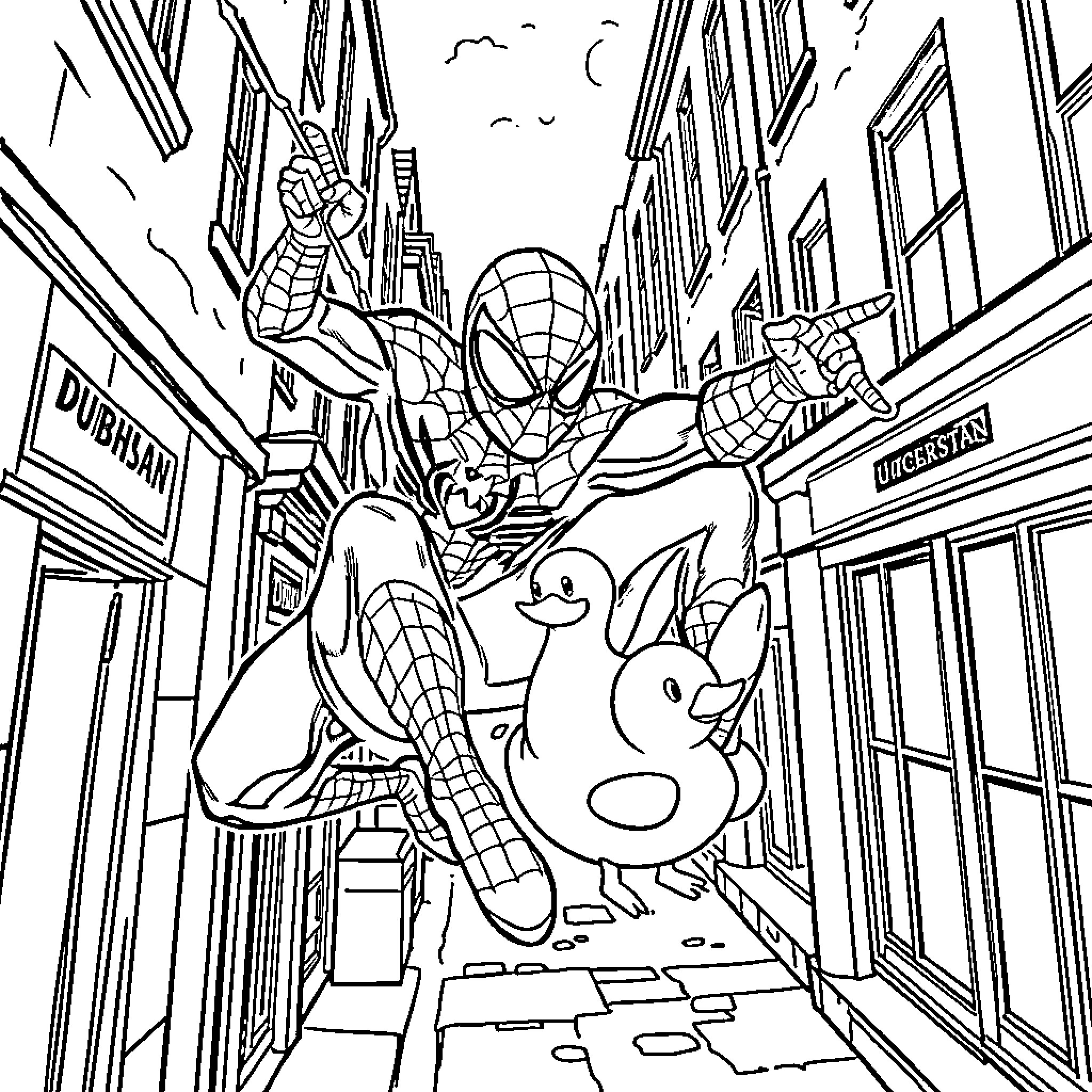 Spiderman leaping through the city with friends Coloring Page (free black-and-white line drawing printable PDF for all, from beginners to advanced learners, including children, teens, adults, and seniors)