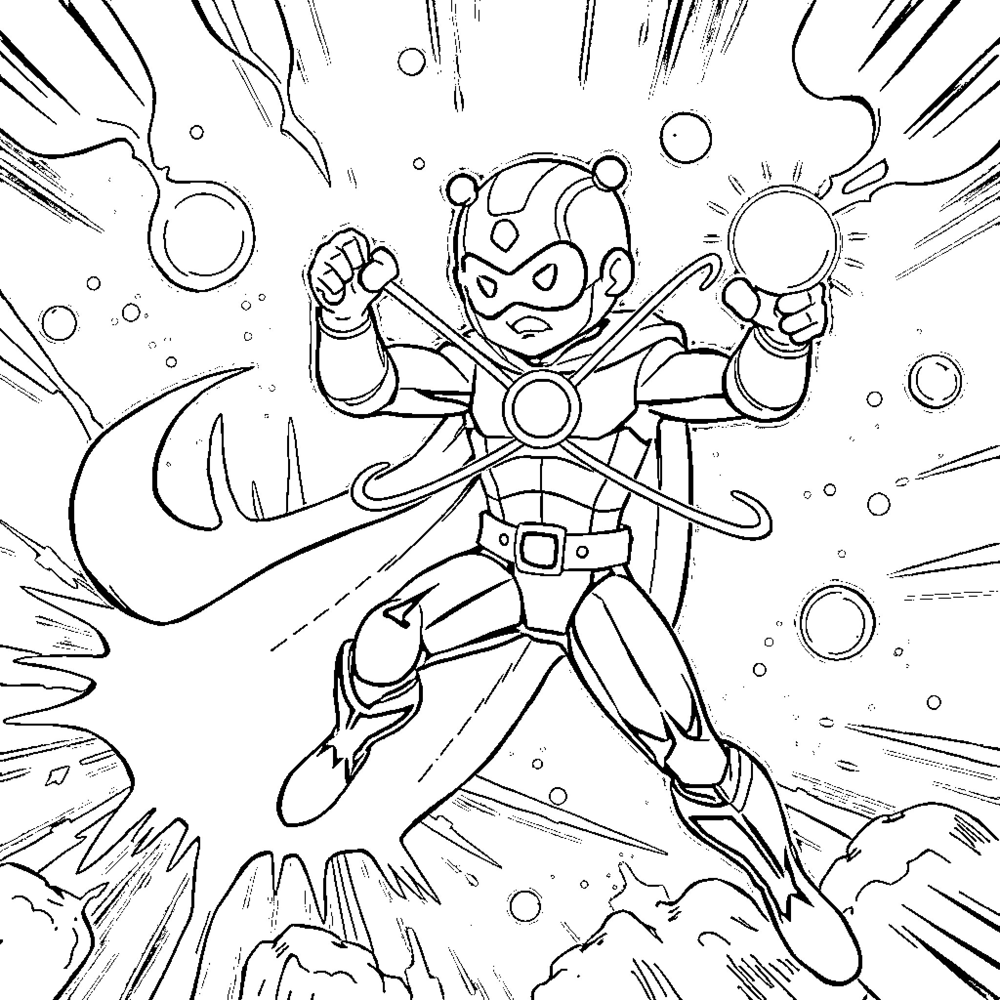 Atom: Superhero Fighting in Cosmic Space Coloring Page (free black-and-white line drawing printable PDF for all, from beginners to advanced learners, including children, teens, adults, and seniors)
