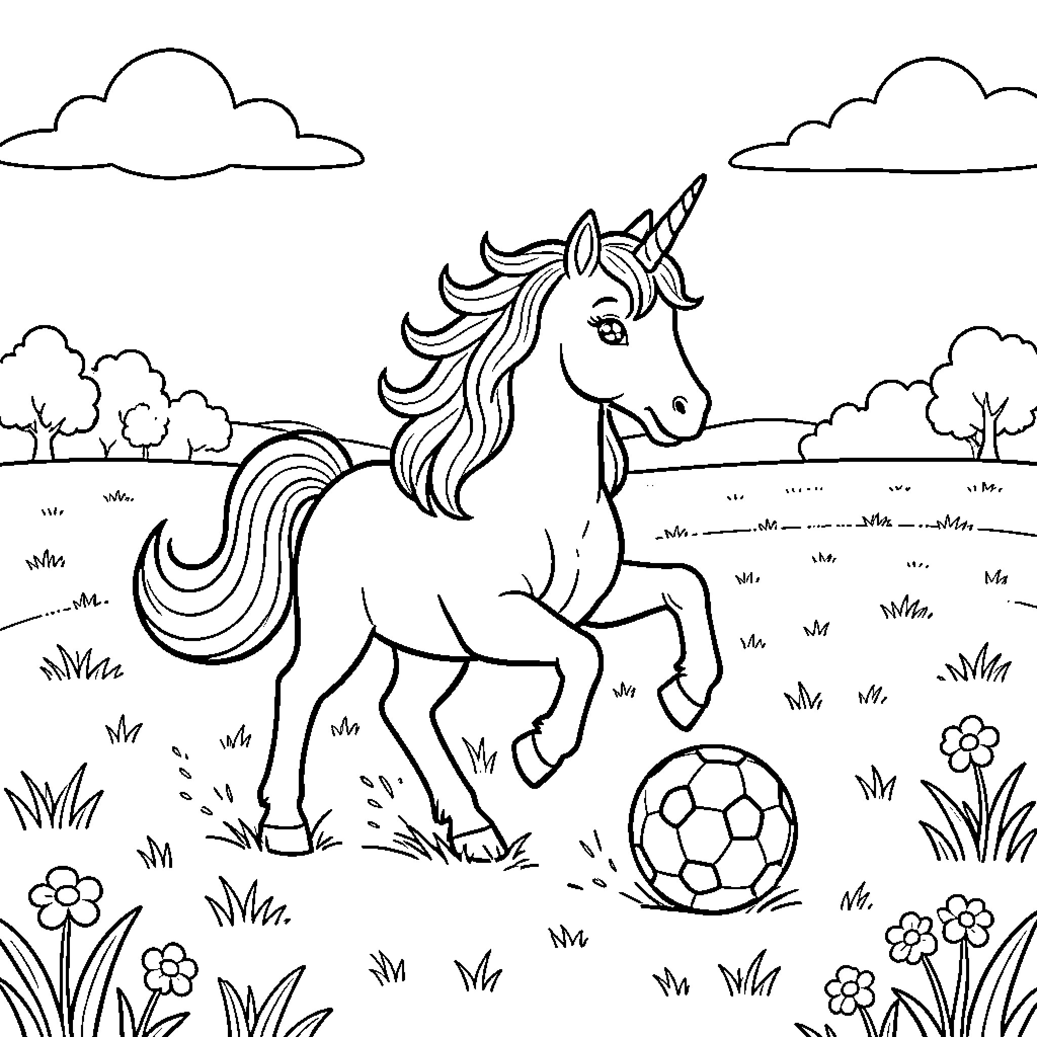 Licorne playing soccer in a grassy field Coloring Page (free black-and-white line drawing printable PDF for all, from beginners to advanced learners, including children, teens, adults, and seniors)