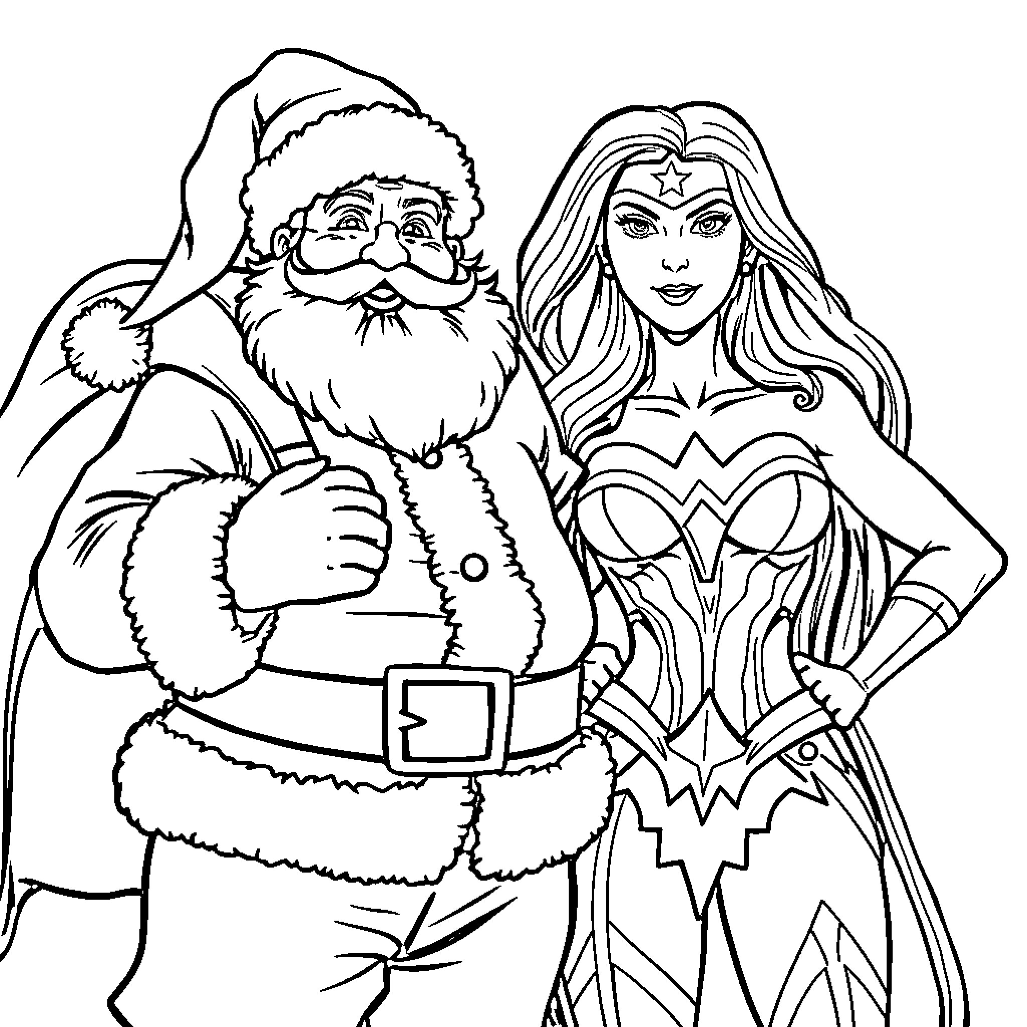 Santa and Wonder Woman Pose Together Coloring Page (free black-and-white line drawing printable PDF for all, from beginners to advanced learners, including children, teens, adults, and seniors)