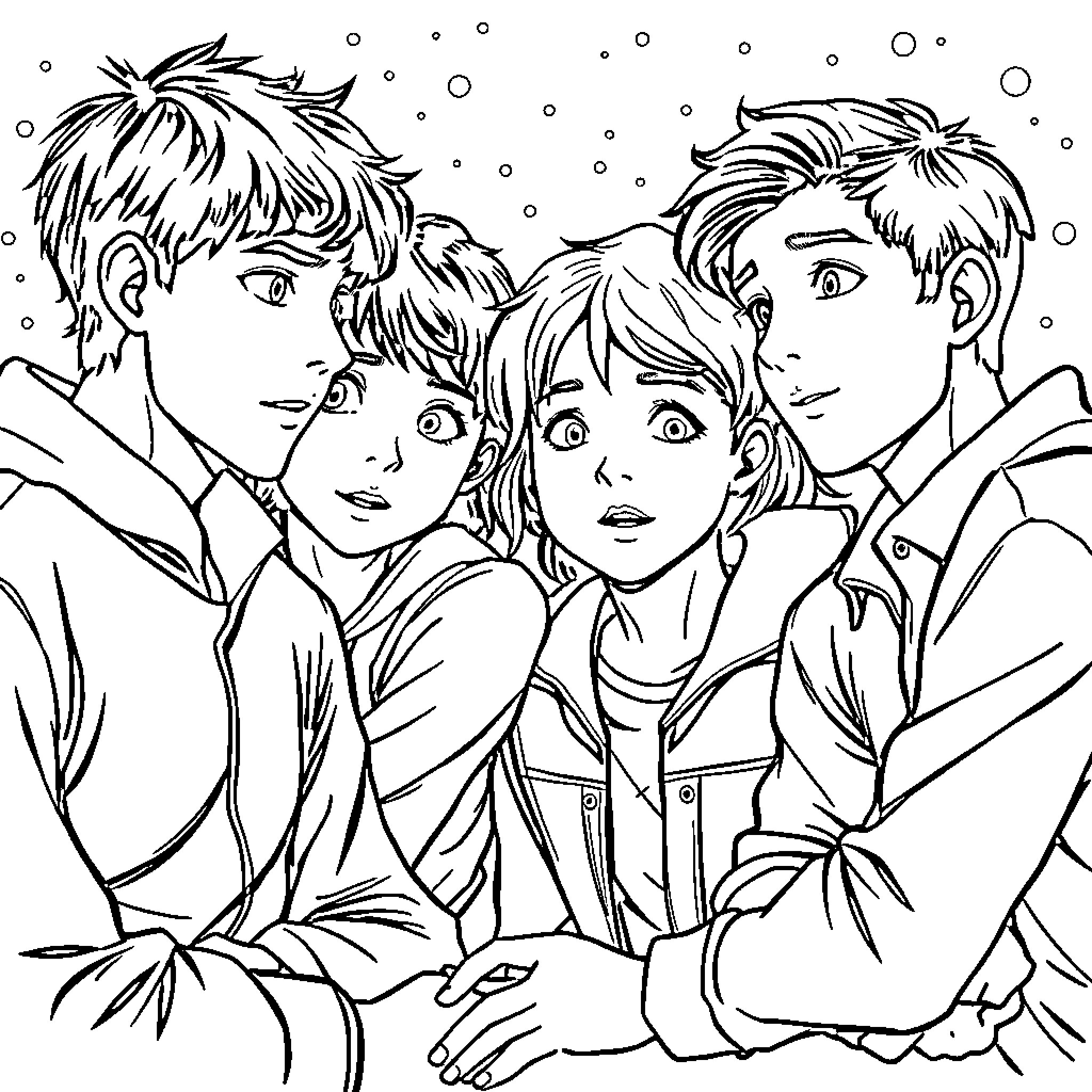 Garoto Group Gathering in Winter Coloring Page (free black-and-white line drawing printable PDF for all, from beginners to advanced learners, including children, teens, adults, and seniors)