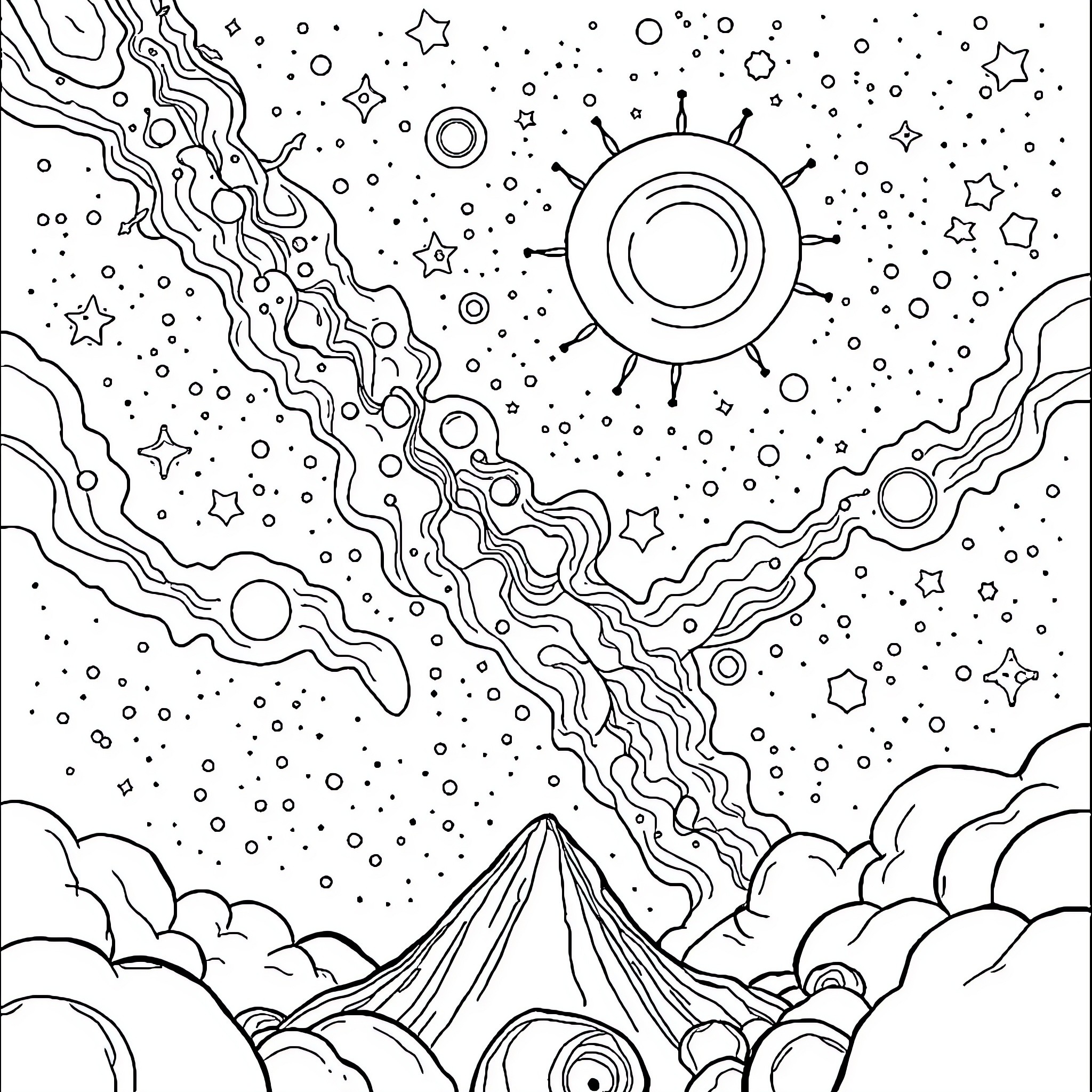 Universe of Cosmic Wonders and Celestial Landscapes Coloring Page (free black-and-white line drawing printable PDF for all, from beginners to advanced learners, including children, teens, adults, and seniors)