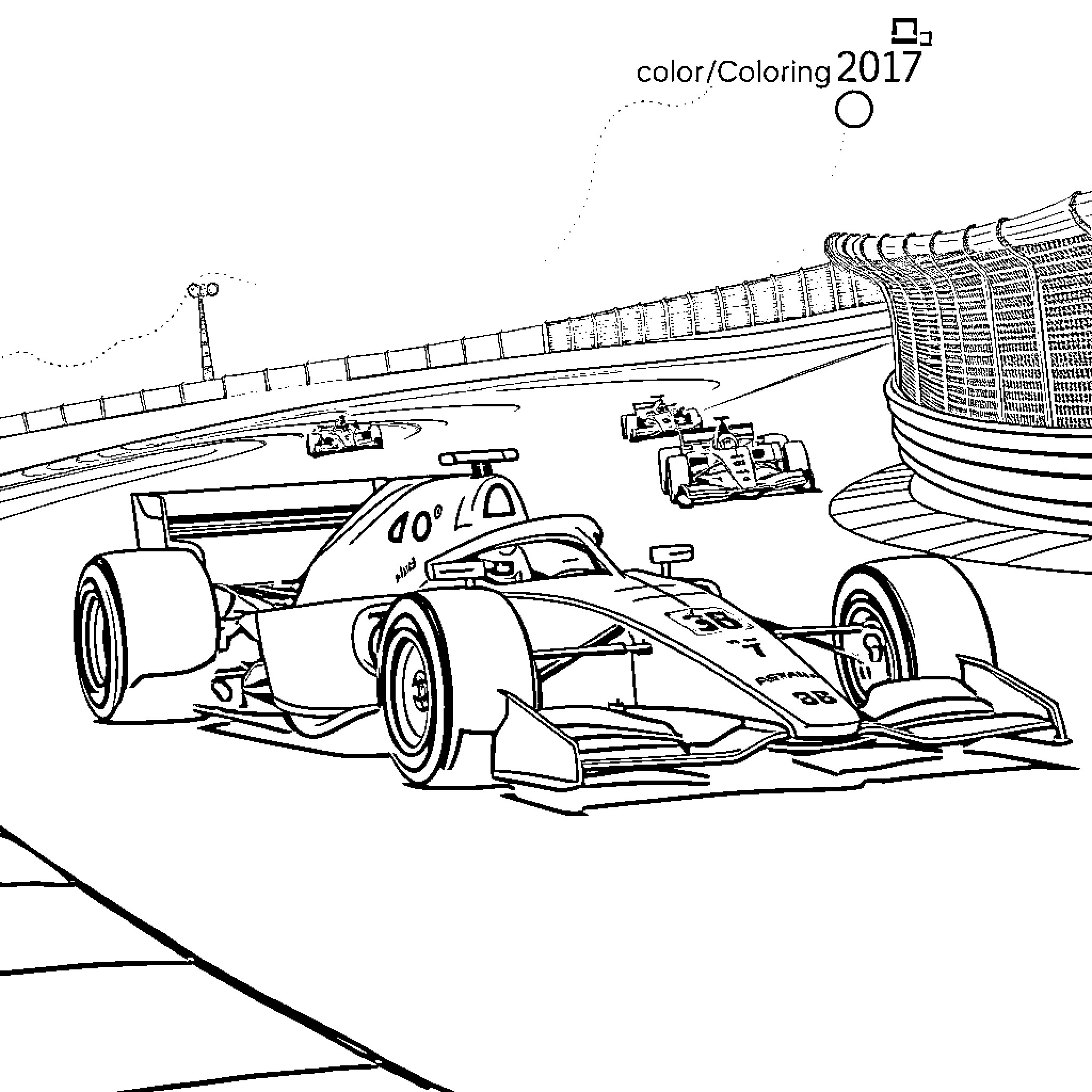 F1 Racing Cars Speeding on Race Track Coloring Page (free black-and-white line drawing printable PDF for all, from beginners to advanced learners, including children, teens, adults, and seniors)