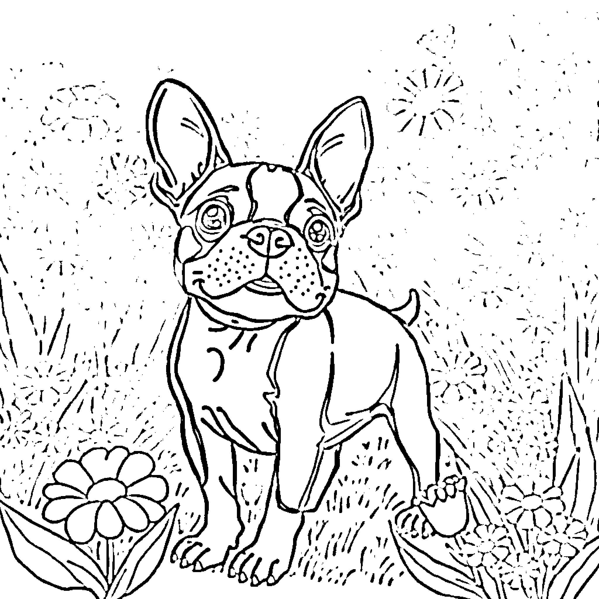 Boston Terrier enjoying a sunny day in the garden Coloring Page (free black-and-white line drawing printable PDF for all, from beginners to advanced learners, including children, teens, adults, and seniors)