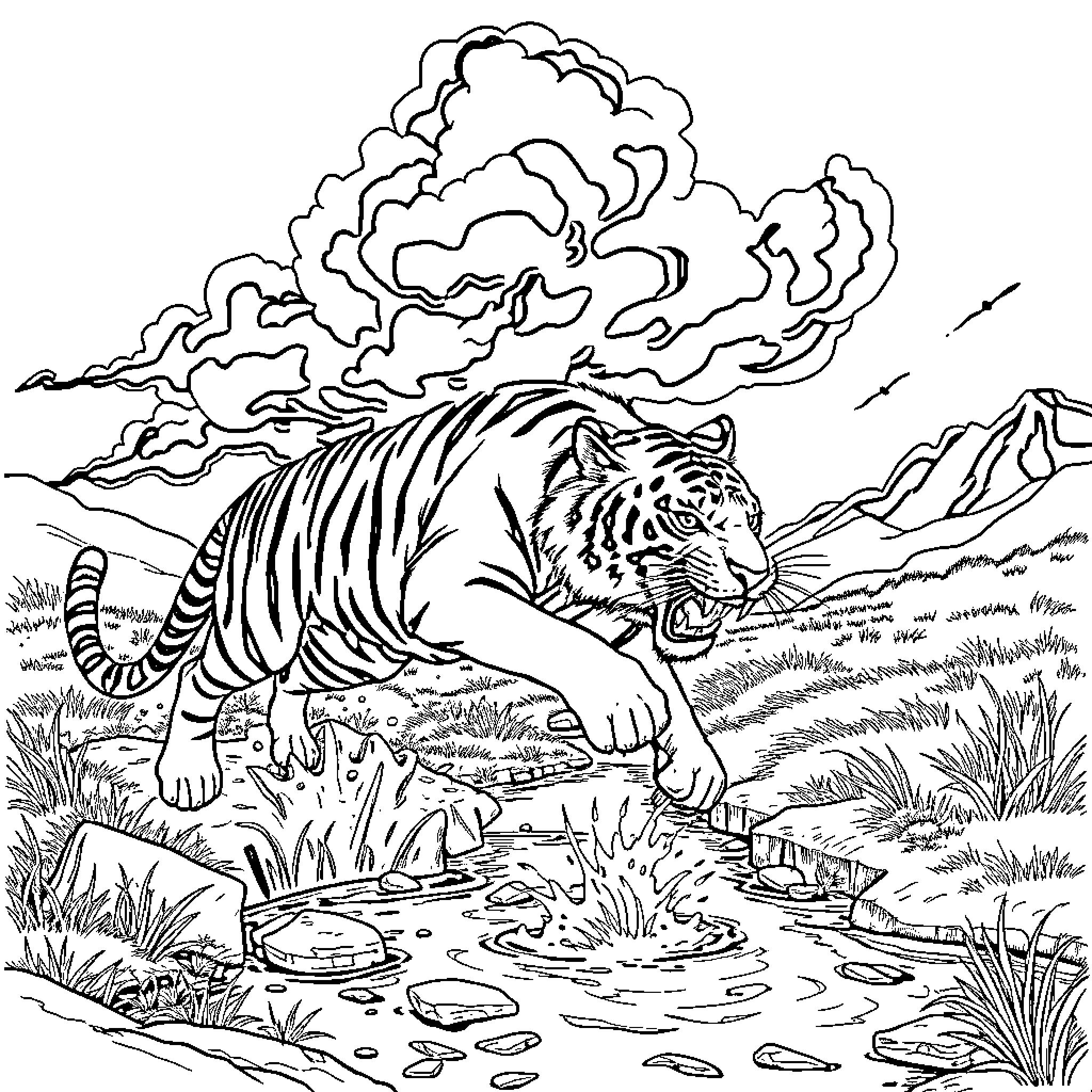 Tiger Stalking through the Wilderness Coloring Page (free black-and-white line drawing printable PDF for all, from beginners to advanced learners, including children, teens, adults, and seniors)