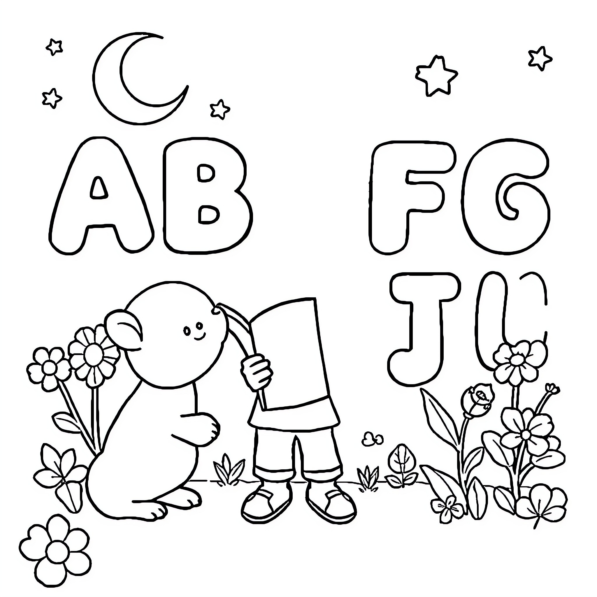 Alphabet characters in a floral setting Coloring Page (free black-and-white line drawing printable PDF for all, from beginners to advanced learners, including children, teens, adults, and seniors)