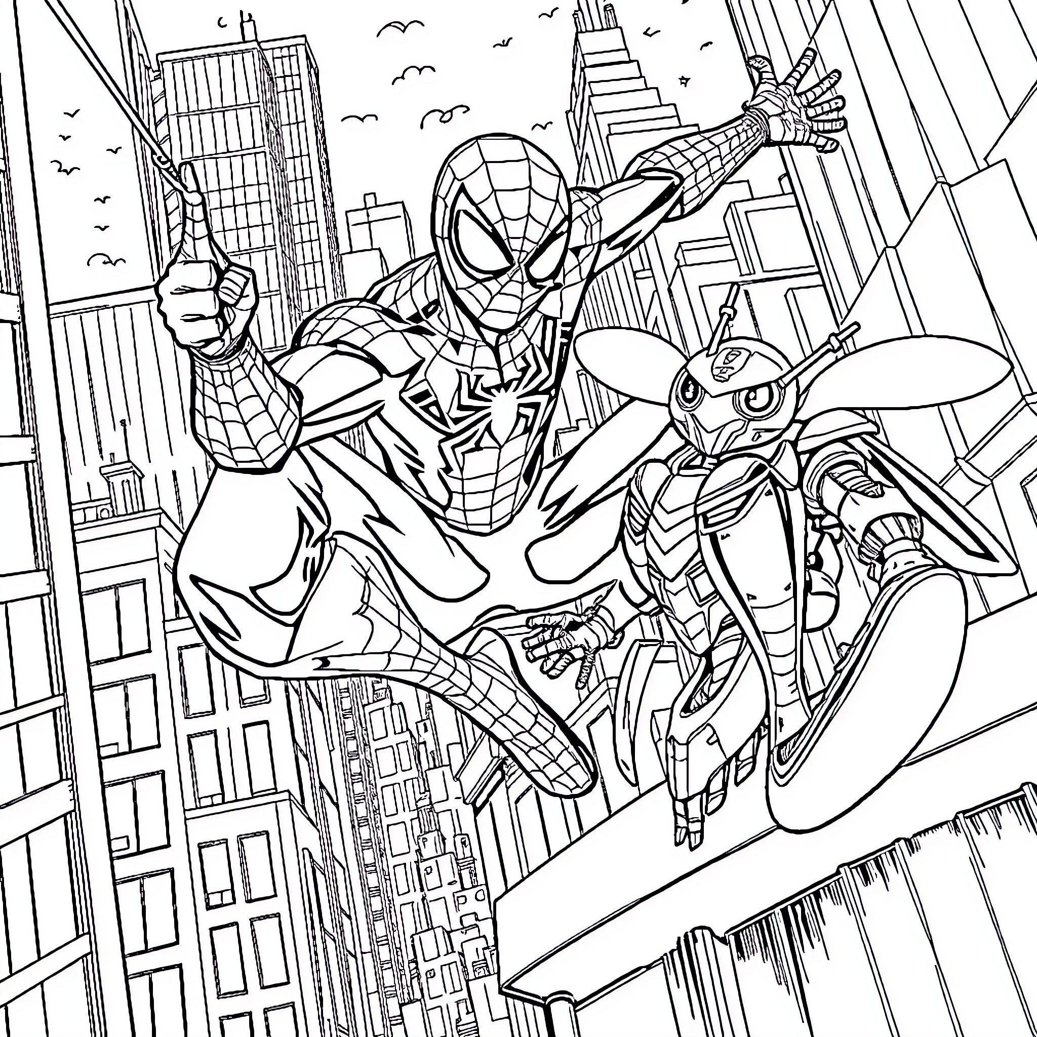 Bumblebee and Spider-Man swinging through the city Coloring Page (free black-and-white line drawing printable PDF for all, from beginners to advanced learners, including children, teens, adults, and seniors)