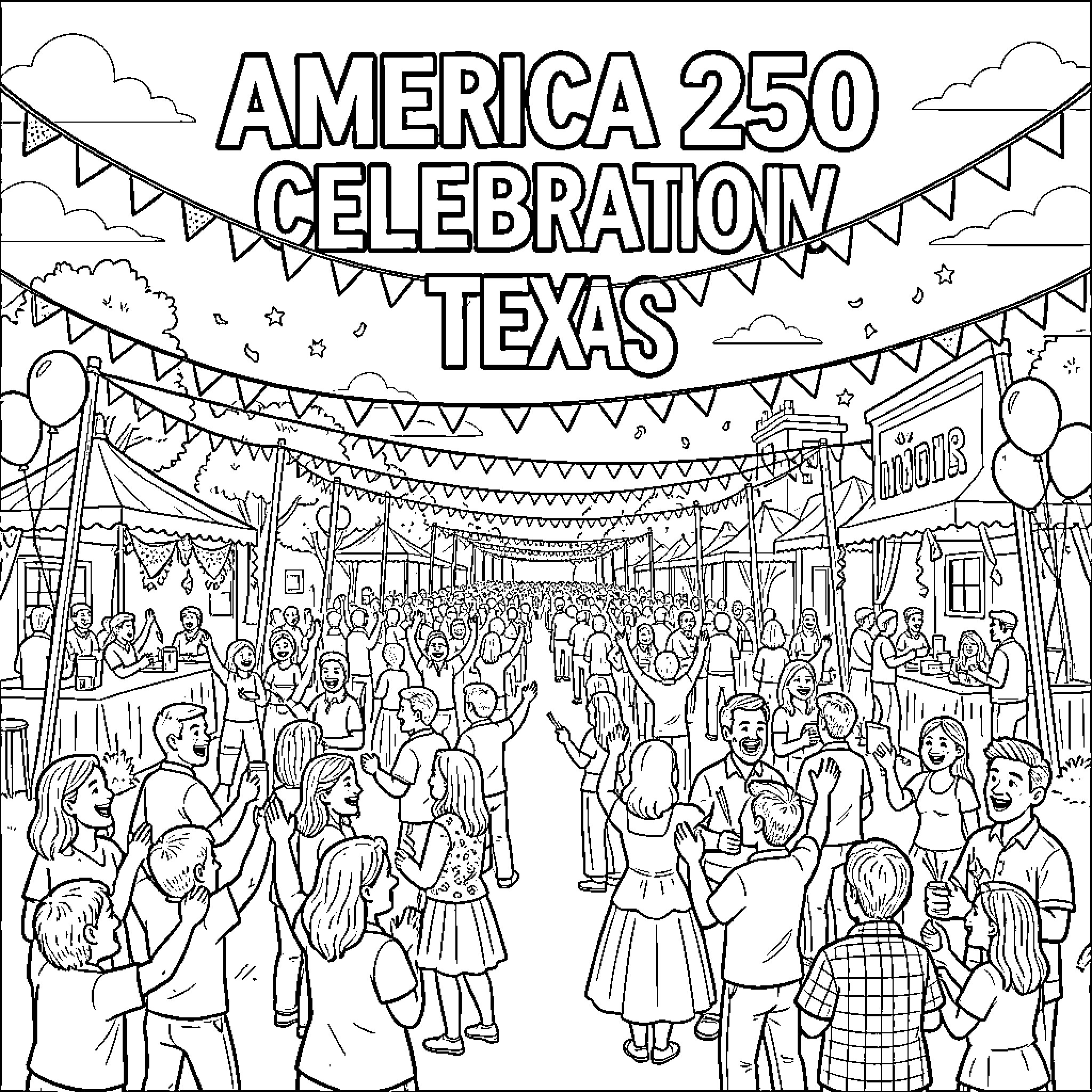 America's 250th Celebration in Texas Coloring Page (free black-and-white line drawing printable PDF for all, from beginners to advanced learners, including children, teens, adults, and seniors)