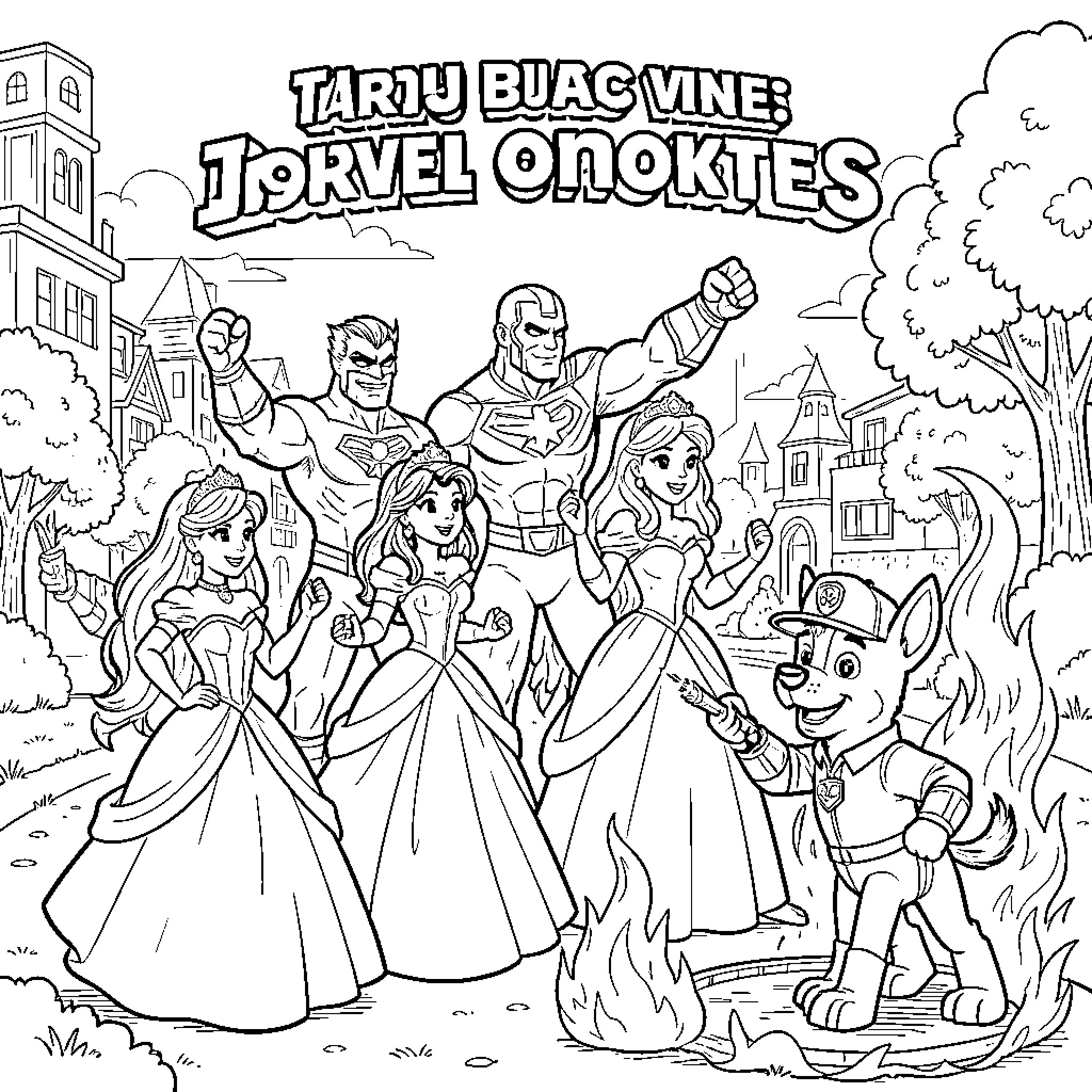 Superhero characters and princesses posing together in a city Coloring Page (free black-and-white line drawing printable PDF for all, from beginners to advanced learners, including children, teens, adults, and seniors)
