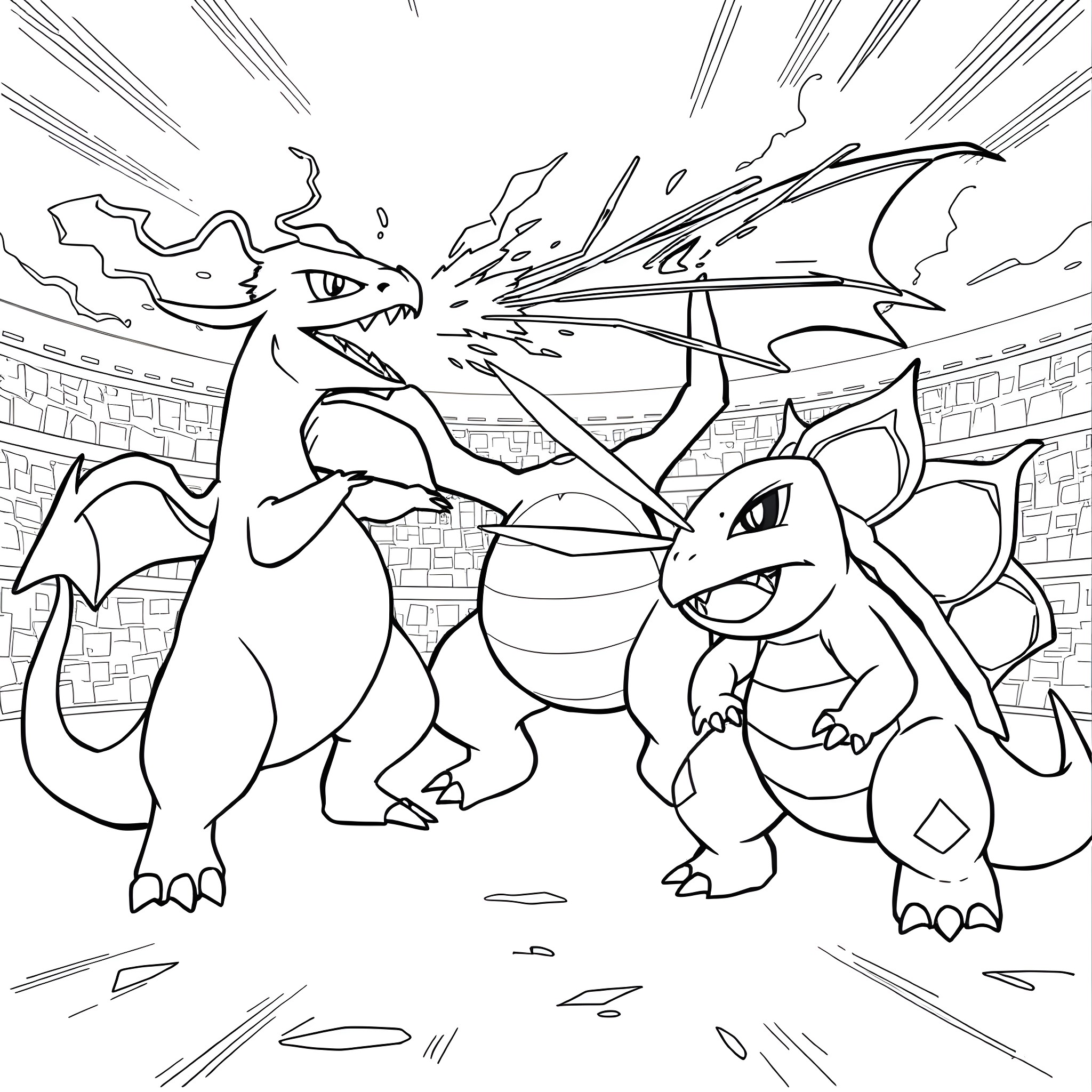 Pokémon characters battling fiercely Coloring Page (free black-and-white line drawing printable PDF for all, from beginners to advanced learners, including children, teens, adults, and seniors)