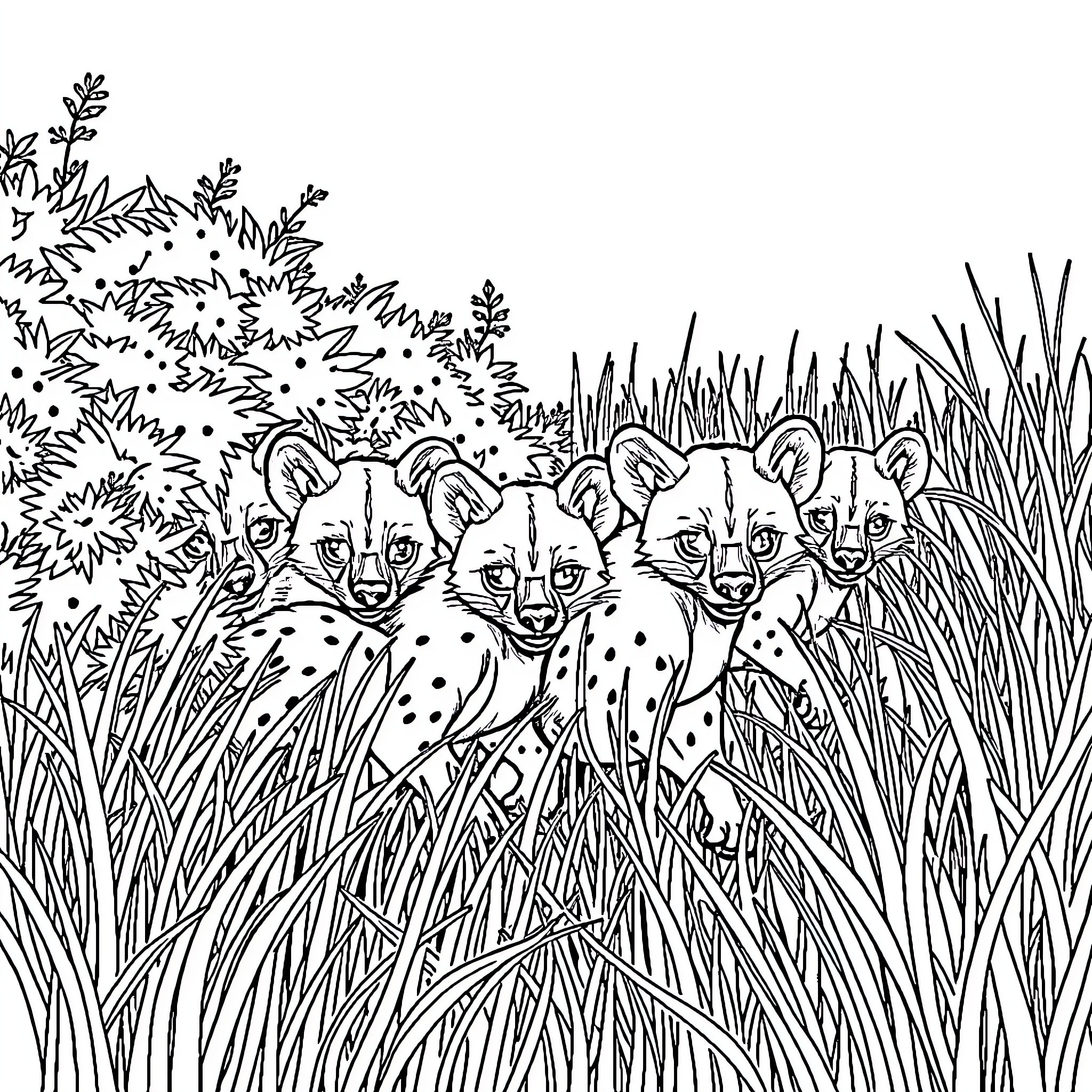Hyena cubs lurking in tall grass Coloring Page (free black-and-white line drawing printable PDF for all, from beginners to advanced learners, including children, teens, adults, and seniors)