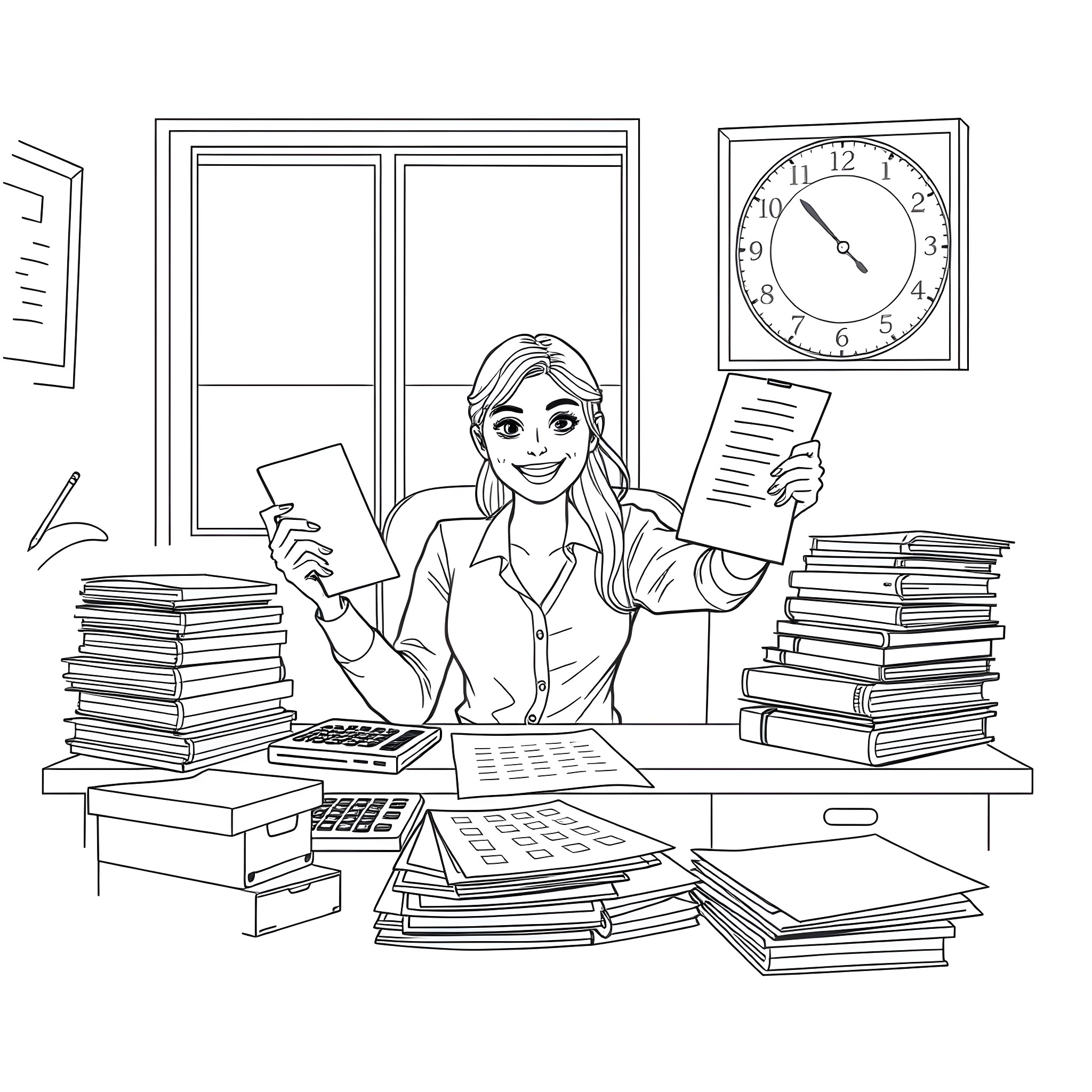 Accountant working diligently at cluttered desk Coloring Page (free black-and-white line drawing printable PDF for all, from beginners to advanced learners, including children, teens, adults, and seniors)