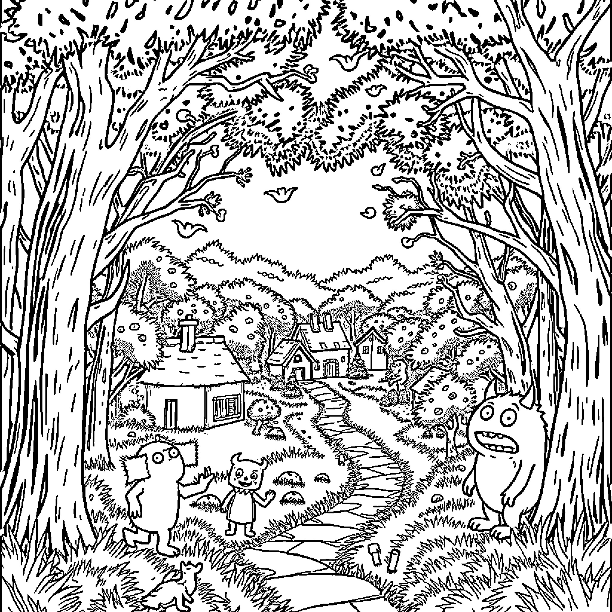 Monster Fantasy Forest Landscape with Whimsical Creatures Coloring Page (free black-and-white line drawing printable PDF for all, from beginners to advanced learners, including children, teens, adults, and seniors)