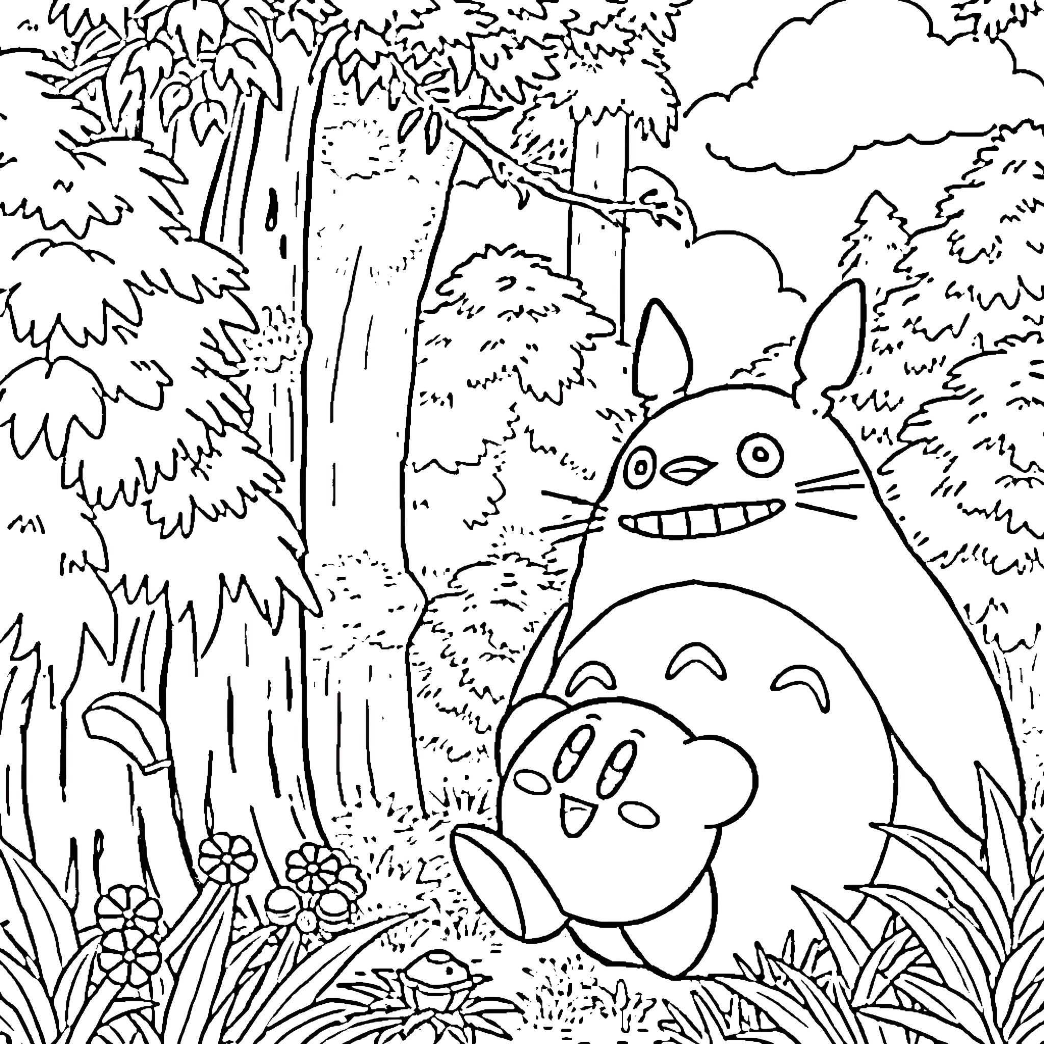 Kirby characters enjoying a forest adventure Coloring Page (free black-and-white line drawing printable PDF for all, from beginners to advanced learners, including children, teens, adults, and seniors)