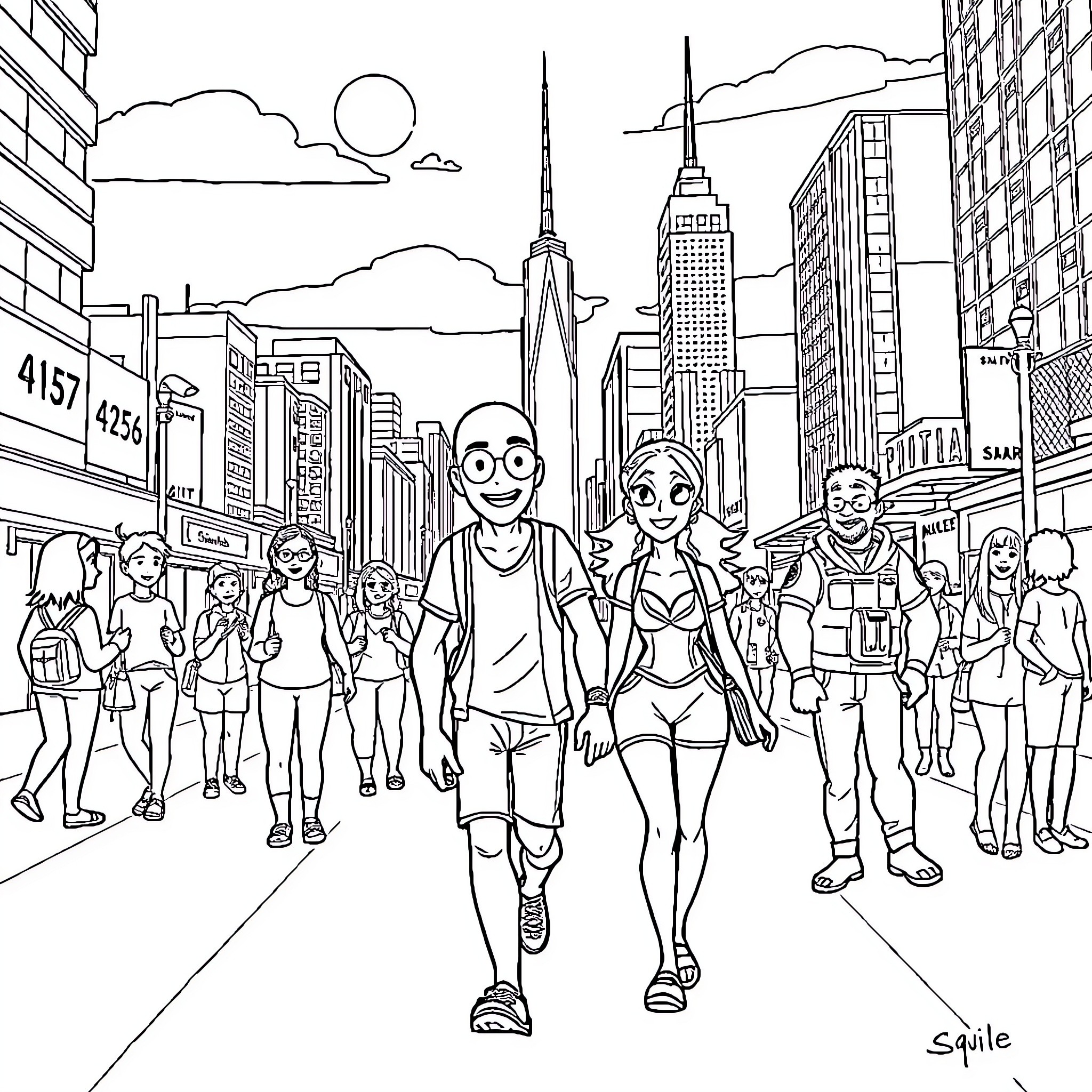 Player walking through the busy city street Coloring Page (free black-and-white line drawing printable PDF for all, from beginners to advanced learners, including children, teens, adults, and seniors)