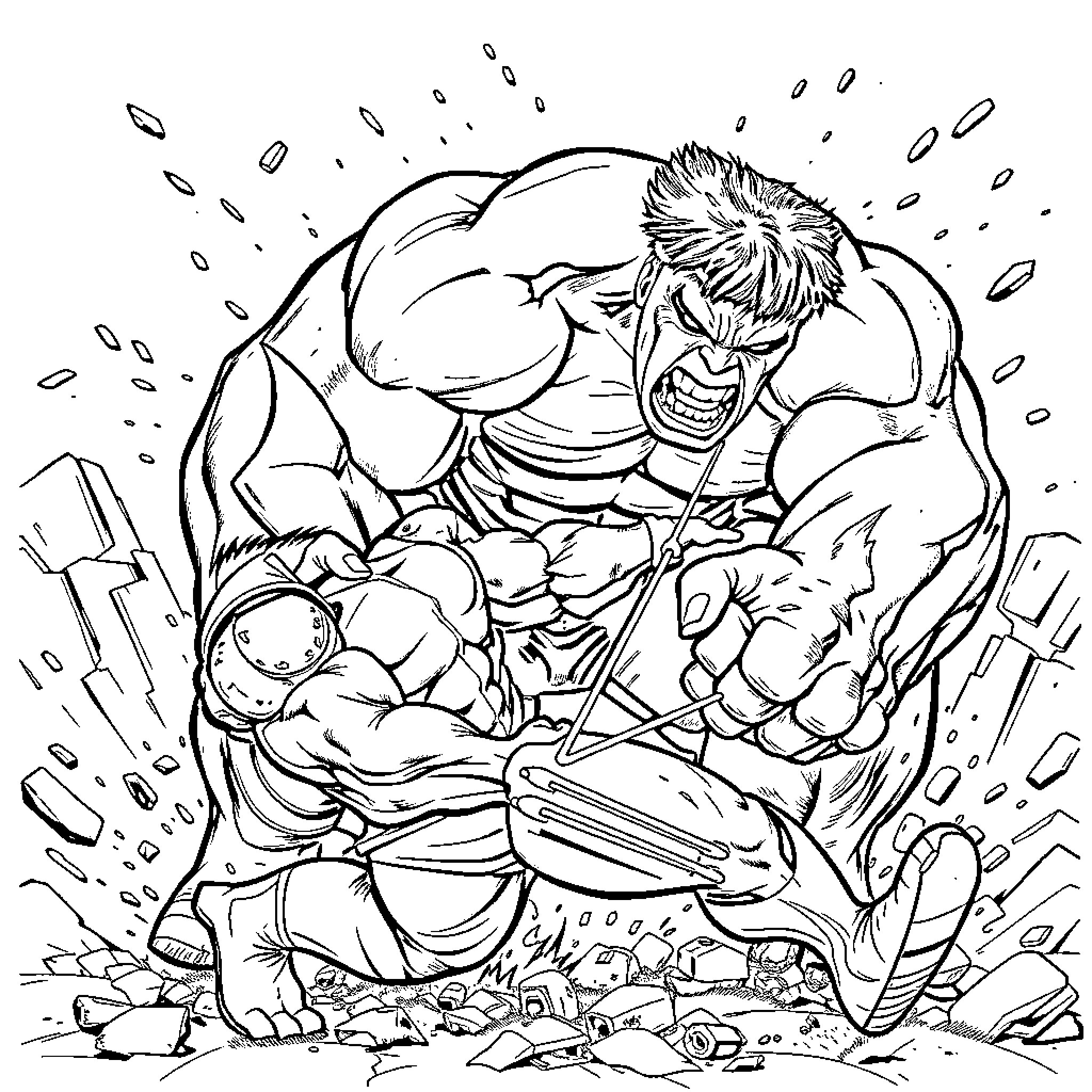 Hulk smashing through debris in a rage Coloring Page (free black-and-white line drawing printable PDF for all, from beginners to advanced learners, including children, teens, adults, and seniors)