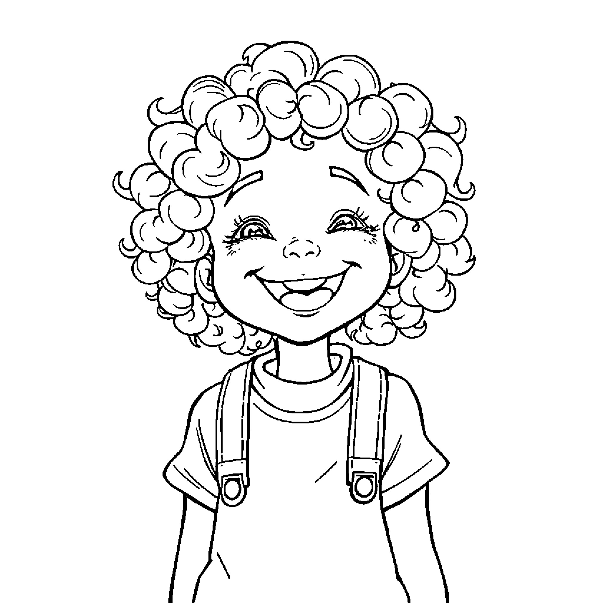 Susie Carmichael's Happy Curly Adventure Coloring Page (free black-and-white line drawing printable PDF for all, from beginners to advanced learners, including children, teens, adults, and seniors)