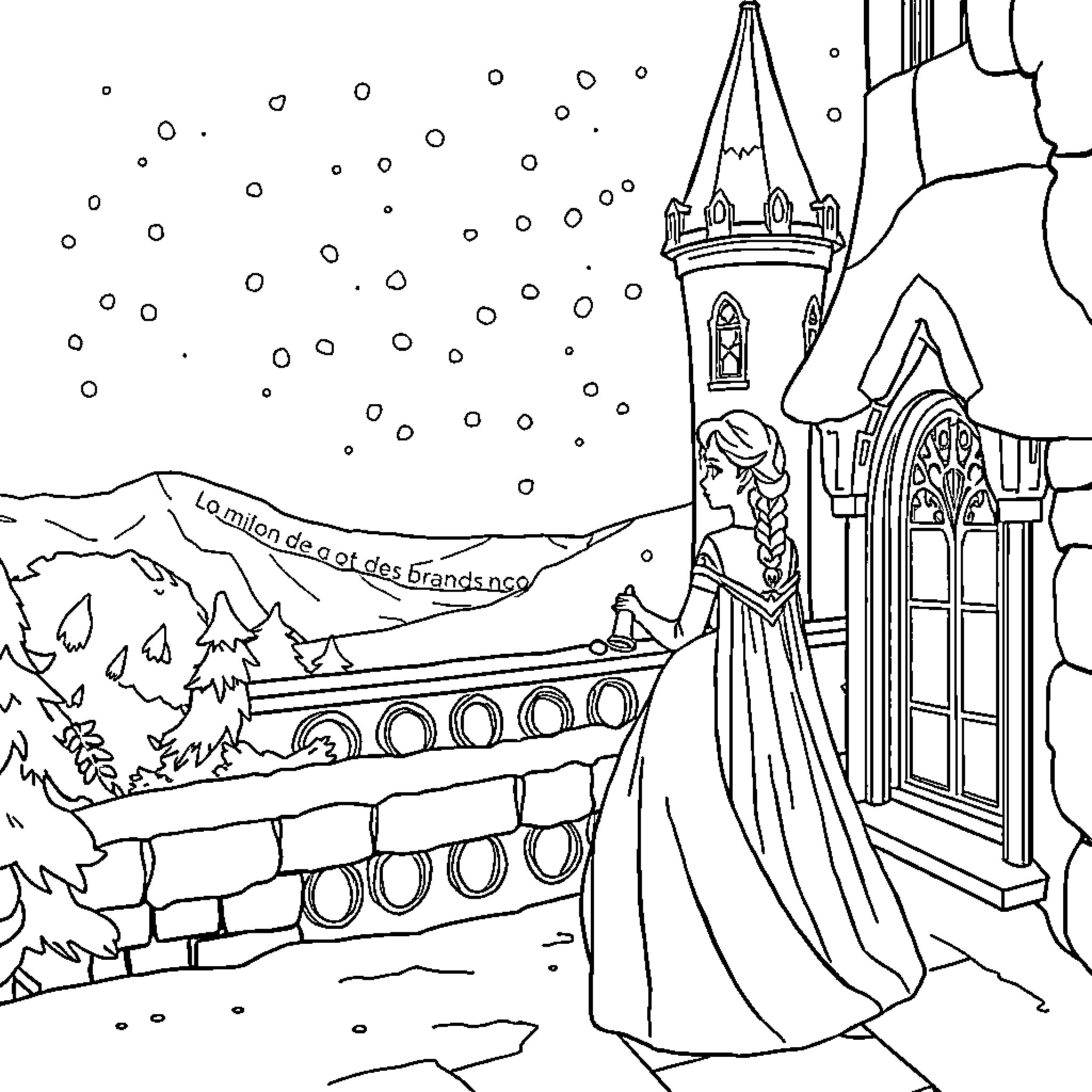 Princess in a Winter Wonderland Castle Coloring Page (free black-and-white line drawing printable PDF for all, from beginners to advanced learners, including children, teens, adults, and seniors)