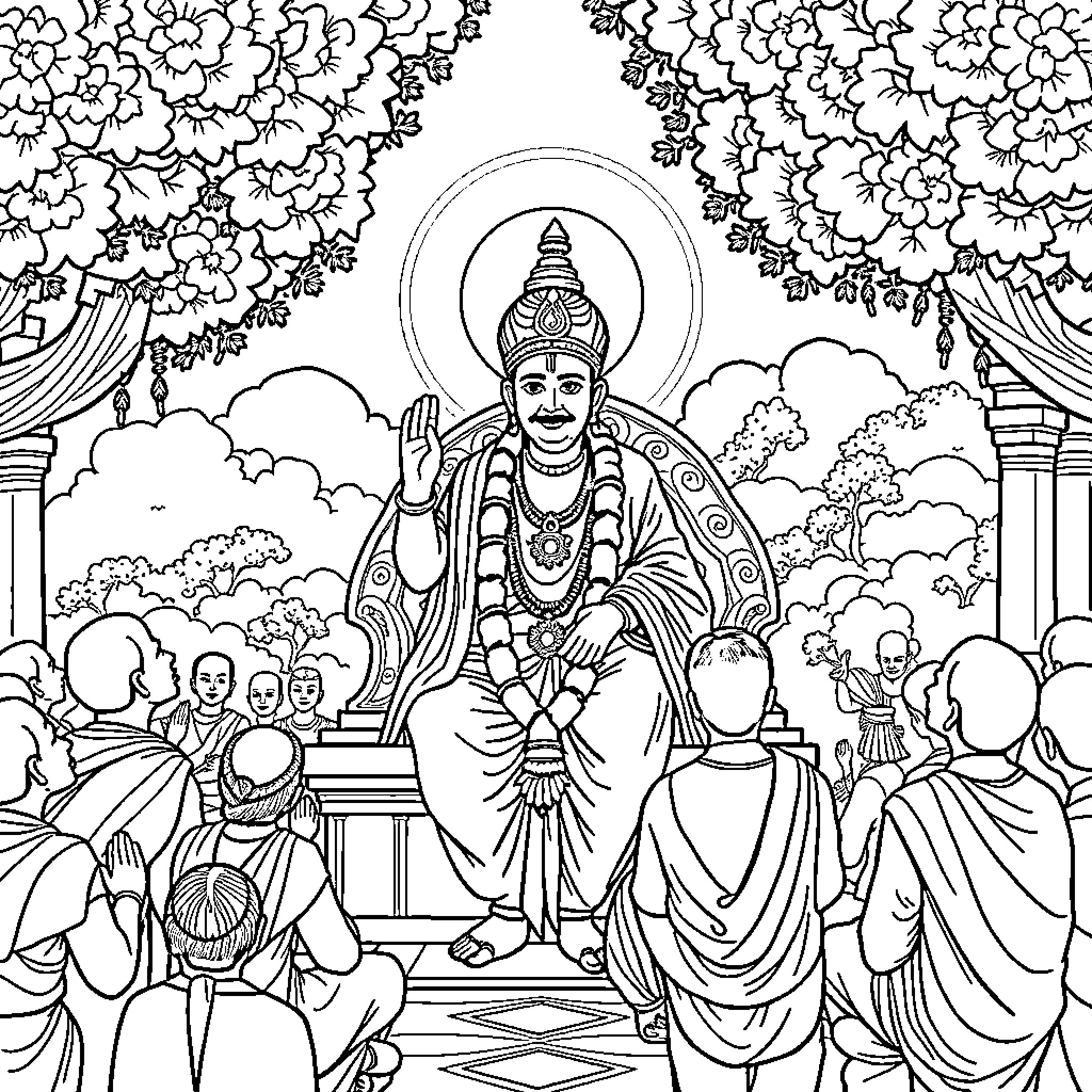 Swaminarayan divine blessing among devotees Coloring Page (free black-and-white line drawing printable PDF for all, from beginners to advanced learners, including children, teens, adults, and seniors)