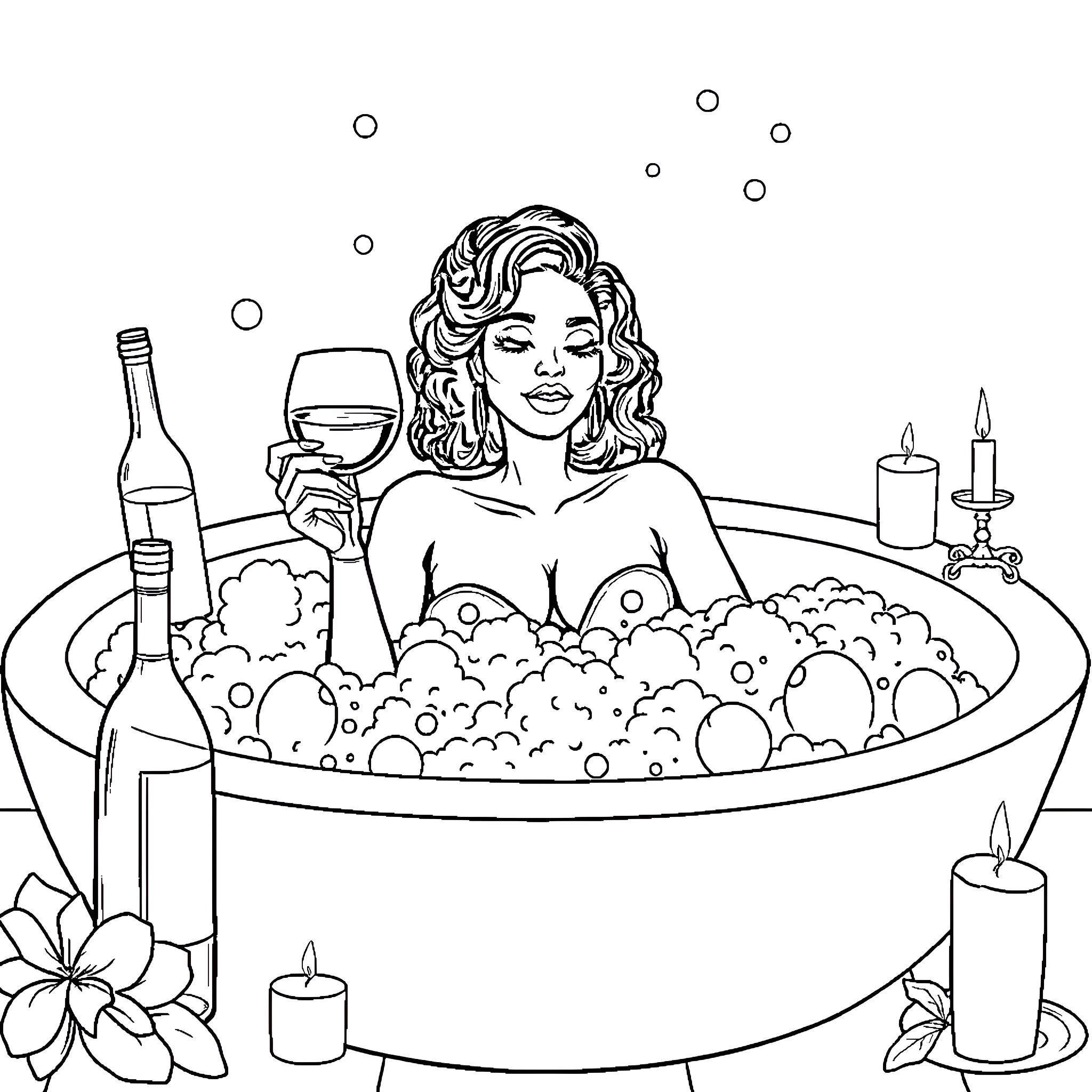 Woman relaxing in a bubble bath with wine Coloring Page (free black-and-white line drawing printable PDF for all, from beginners to advanced learners, including children, teens, adults, and seniors)