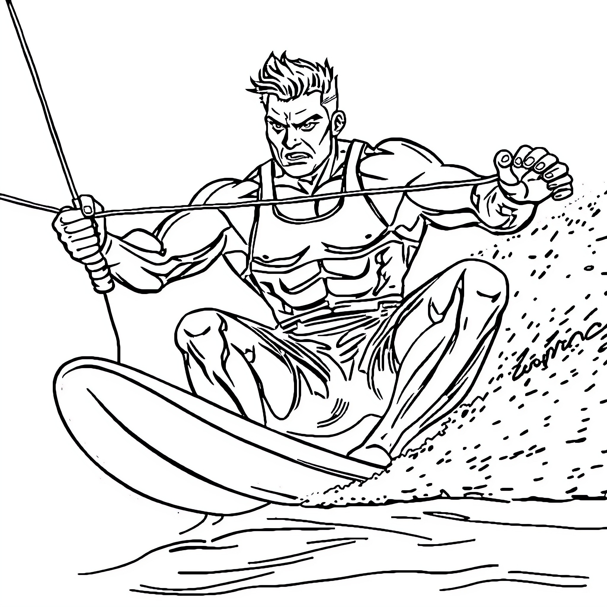Bodybuilder surfs aggressively in turbulent waters Coloring Page (free black-and-white line drawing printable PDF for all, from beginners to advanced learners, including children, teens, adults, and seniors)