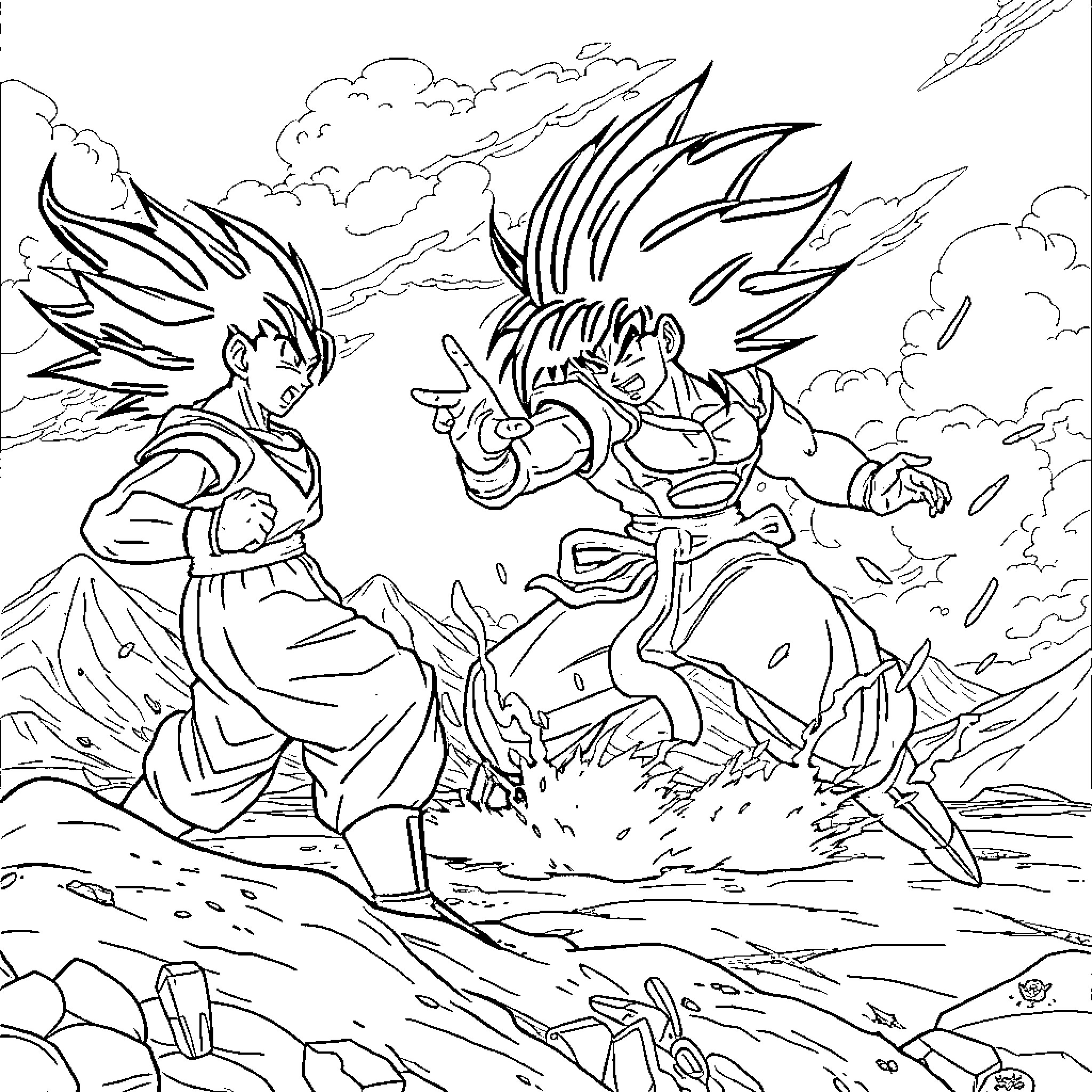 Goku and Vegeta Engage in Intense Battle Coloring Page (free black-and-white line drawing printable PDF for all, from beginners to advanced learners, including children, teens, adults, and seniors)
